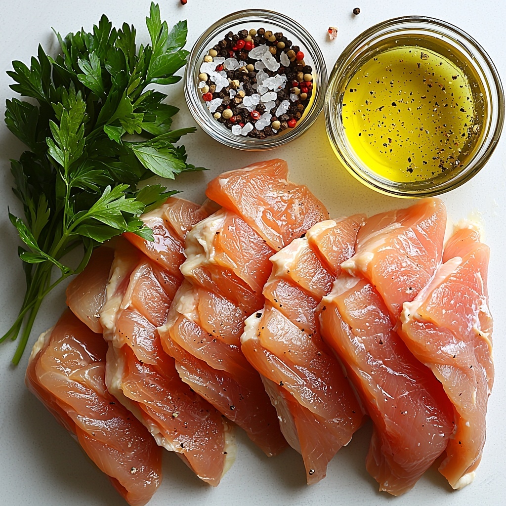A clean, minimalist white surface featuring the main ingredients for a creamy mustard chicken recipe arranged in an inviting flat lay. Four raw chicken breasts with smooth, pale pink skin are placed neatly in one corner. Nearby, a small glass bowl of golden olive oil glistens under soft natural light. Next to it, a dish of coarse sea salt crystals and a small pile of freshly ground black peppercorns add contrasting textures and deep black and white tones. A clear measuring cup holds thick, glossy off-white heavy cream with a silky texture. Adjacent to the cream, a small bowl of vibrant yellow Dijon mustard with a slightly grainy appearance provides a pop of color. A small glass container with rich, amber chicken broth adds warmth to the palette. Finally, a sprinkling of bright green chopped fresh parsley is artfully placed on a wooden spoon to add a fresh, herbal accent. The composition balances warm and cool hues, smooth and coarse textures, with ample negative space to highlight each ingredient’s unique qualities. Soft shadows and natural daylight enhance the colors and textures for an inviting, professional food styling look. Overhead shot, top down view, flat lay photography, professional food styling --ar 1:1 --q 2 --s 750 --v 6.1