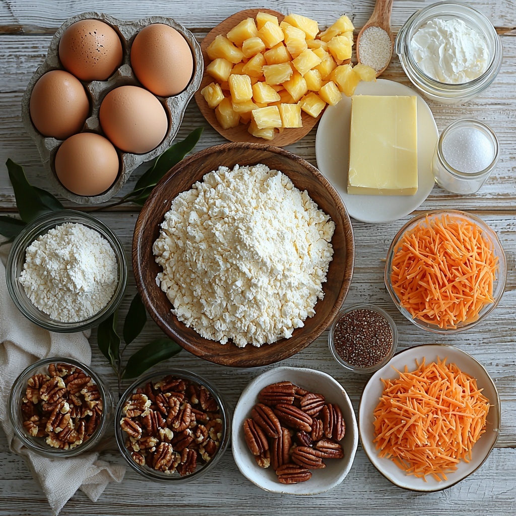 A clean white wooden surface with all main ingredients neatly arranged for a carrot cake bars recipe: a rustic ceramic bowl filled with bright orange finely grated carrots showcasing their fresh texture; a small glass bowl of crushed pineapple glistening golden and juicy; a mound of smooth white all-purpose flour beside a wooden scoop; small clear bowls containing warm brown sugar and white granulated sugar with a subtle sparkling texture; a set of glass jars with ground cinnamon, nutmeg, and ginger showing rich brown and warm orange hues in fine powders; small piles of baking powder, baking soda, and salt in neat white spoons; a few large brown eggs with smooth shells; a glass measuring cup filled with golden vegetable oil; a small bottle of vanilla extract with amber liquid; a rustic bowl of chopped walnuts and pecans showing rough textures and warm earthy tones; a bowl of dark, glossy raisins; an 8 oz block of creamy, softened cream cheese on a white plate; a half cup of softened butter with a pale yellow color on a small dish; a mound of sifted powdered sugar in a fine white powder with a delicate dusting; a small pinch of salt on a tiny spoon; and a small bowl of chopped toasted pecans for garnish with a deep toasted brown color. The ingredients are spaced evenly with soft natural light casting gentle shadows, styled with a few fresh carrot leaves and a linen napkin for warmth. The overall composition highlights the variety of textures and warm, inviting colors of the baking essentials, emphasizing freshness and rustic charm. overhead shot, top down view, flat lay photography, professional food styling --ar 1:1 --q 2 --s 750 --v 6.1