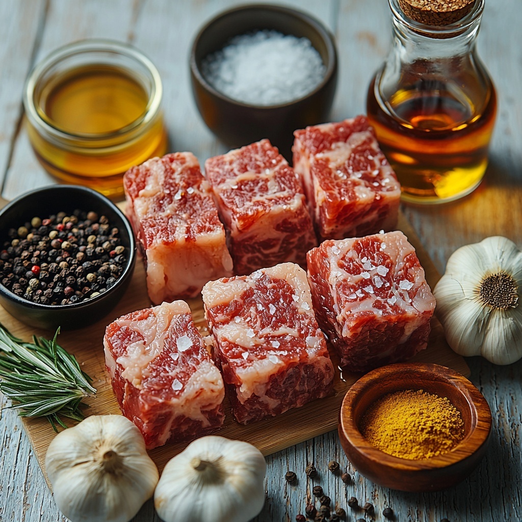 Beef short ribs with rich marbling, raw and fresh, placed centrally on a clean, light wooden surface; nearby a small rustic ceramic bowl of coarse sea salt crystals and a small black bowl filled with freshly ground black pepper; two tablespoons of golden olive oil shimmering in a small glass container; one large yellow onion, peeled and halved to reveal its translucent layers; four plump garlic cloves with papery skins intact, casually scattered; a clear glass measuring cup holding deep brown beef stock; a small whiskey decanter with amber bourbon whiskey catching the light; a half-full small jar of glossy, amber pure maple syrup; a small bowl of dark tamari sauce with a reflective surface; a glass bottle of apple cider vinegar with a pale golden hue and a couple of splashes visible on the rim; a spoonful of coarse, textured whole grain mustard showing vivid yellow and brown seeds; and a tiny wooden bowl of crushed red pepper flakes boasting vibrant reds and oranges, some spilled gently onto the surface. The arrangement is balanced and airy, colors warm and inviting, textures contrasting with smooth liquids and coarse powders, all styled with natural light and soft shadows enhancing the rustic yet refined feel. Overhead shot, top down view, flat lay photography, professional food styling --ar 1:1 --q 2 --s 750 --v 6.1