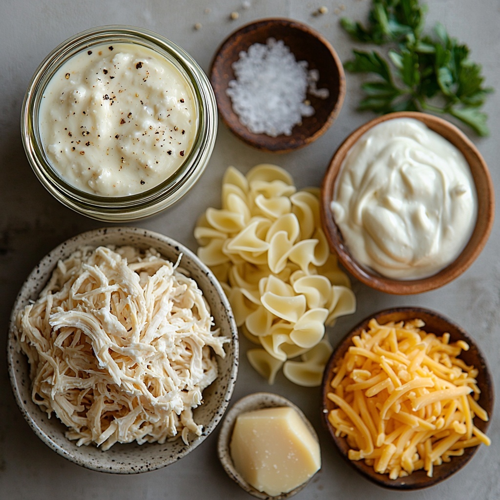 A clean white surface with the main ingredients of creamy chicken noodle casserole artfully arranged: a small bowl of shredded cooked chicken showing tender, juicy texture in natural pale beige and white tones; a nest of uncooked egg noodles with a lightly golden yellow hue, their curly texture clearly visible; an open can of cream of chicken soup displaying its smooth, creamy off-white consistency; a glass bowl of sour cream, thick and glossy pure white; a small mound of shredded sharp cheddar cheese in vibrant orange-yellow strands; small ceramic spoons holding coarse salt and freshly ground black pepper, contrasting white and black grains. Soft natural lighting highlights the varied textures and fresh colors, with gentle shadows adding depth. Ingredients spaced evenly but casually for a natural, inviting look, shot from directly above. Overhead shot, top down view, flat lay photography, professional food styling --ar 1:1 --q 2 --s 750 --v 6.1