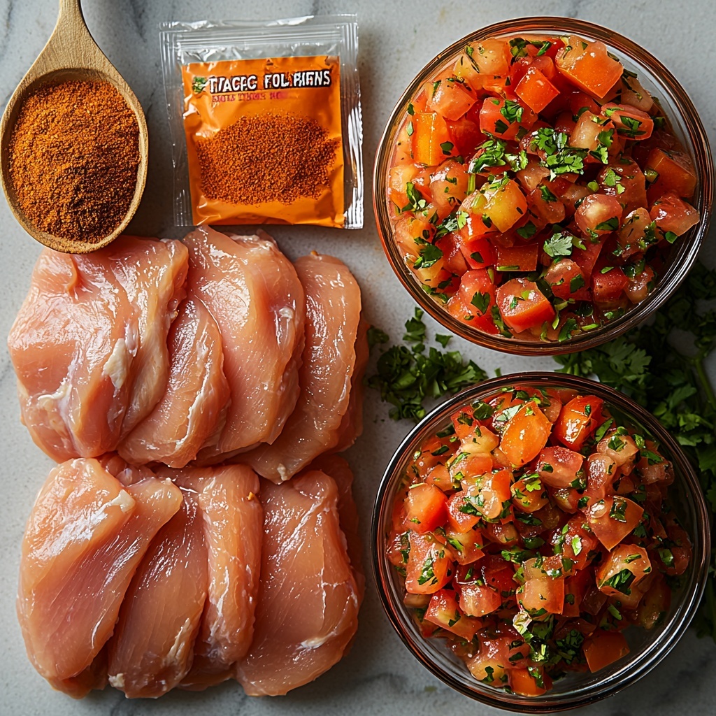 flat lay photography of slow cooker chicken tacos ingredients arranged on a clean white marble surface, featuring 2 lbs raw chicken breasts with smooth pale pink texture, an open packet of vibrant orange and red taco seasoning spilling some powder beside it, and a clear glass bowl filled with chunky, bright red salsa with visible tomato and pepper pieces, ingredients neatly spaced with natural shadows, styled with minimal rustic props like a wooden spoon and small fresh cilantro sprigs for a pop of green, warm natural lighting highlighting colors and textures, clean and inviting composition, overhead shot, top down view, flat lay photography, professional food styling --ar 1:1 --q 2 --s 750 --v 6.1