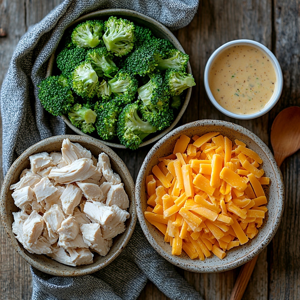 Flat lay photography of main ingredients for a Cheesy Chicken Broccoli Casserole arranged on a clean, light wooden surface. Two cups of tender, shredded cooked chicken displayed in a small rustic bowl, pieces flaky and moist with a warm beige tone. Fresh bright green broccoli florets with vibrant, bumpy textures placed loosely next to the chicken, showcasing natural freshness. A classic can of creamy mushroom soup with a glossy label, sitting upright, adding a smooth, creamy white color contrast. A small white ceramic bowl filled with finely shredded sharp cheddar cheese, the vivid orange-yellow strands loosely piled, showing their thin, delicate texture. Soft natural lighting enhancing the rich colors and varied textures, subtle shadows adding depth. Minimalist styling with a neutral linen napkin folded nearby, small wooden spoon propped next to the soup can for rustic charm. Overhead shot, top down view, flat lay photography, professional food styling --ar 1:1 --q 2 --s 750 --v 6.1