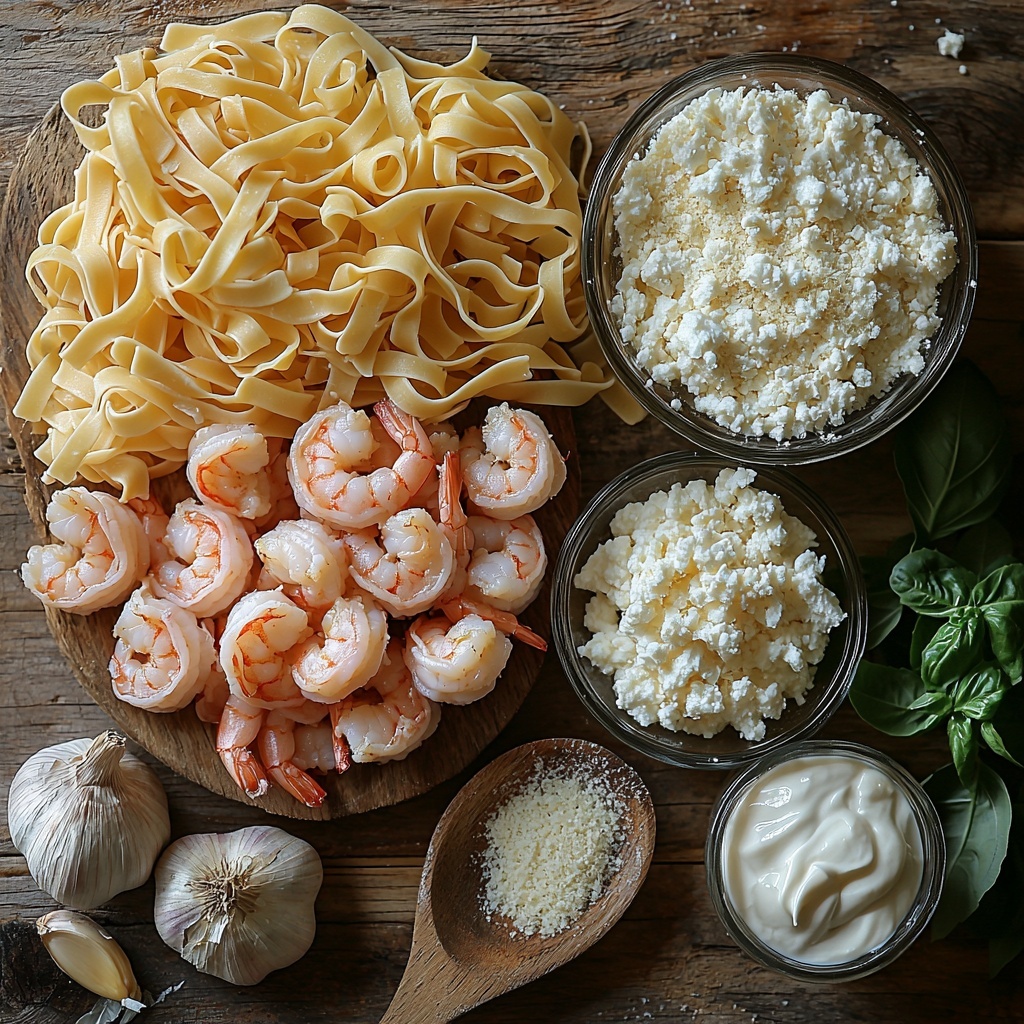 A clean, light wooden surface neatly arranged with the main ingredients for creamy shrimp pasta: a bundle of uncooked golden-yellow pasta fettuccine fanned out on one side; a small heap of raw pink shrimp with a slight sheen, tails curled; two whole garlic cloves with papery white skins intact placed nearby; a small glass bowl filled with thick, smooth white heavy cream reflecting soft light; a rustic wooden spoon resting beside a small mound of finely grated creamy white Parmesan cheese; natural, soft daylight highlighting the fresh textures and subtle color contrasts, minimal shadows, balanced spacing creating an inviting and harmonious composition. Overhead shot, top down view, flat lay photography, professional food styling --ar 1:1 --q 2 --s 750 --v 6.1