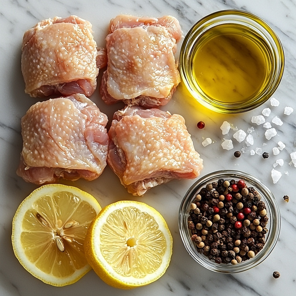 a clean white marble surface with 6 raw chicken thighs arranged in a loose fan shape, their pale pink skin slightly glistening; next to them, a halved bright yellow lemon with several thin lemon slices fanned out neatly; a small glass bowl of rich golden olive oil reflecting soft light; scattered coarse sea salt crystals and cracked black peppercorns in small clusters nearby; natural daylight illuminating the scene to emphasize the contrasting textures of smooth lemon rind, tender chicken skin, and rustic salt and pepper; minimal shadows and a fresh, bright color palette; overhead shot, top down view, flat lay photography, professional food styling --ar 1:1 --q 2 --s 750 --v 6.1