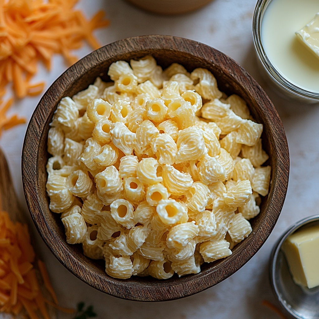 A clean white surface with raw uncooked elbow macaroni scattered loosely in a small rustic wooden bowl, bright golden shredded cheddar cheese neatly piled in a small white ceramic bowl, a glass measuring cup filled with creamy white milk, and a small vintage silver dish holding two tablespoons of smooth, pale yellow butter. The ingredients are arranged thoughtfully with balanced spacing, natural soft lighting highlighting the rich textures — the curly pasta’s ridges, the fine shreds of cheese, the glossy milk surface, and the creamy butter’s softness. A few macaroni pieces and tiny cheese shreds artfully placed around for an inviting, casual yet elegant look. Overhead shot, top down view, flat lay photography, professional food styling --ar 1:1 --q 2 --s 750 --v 6.1