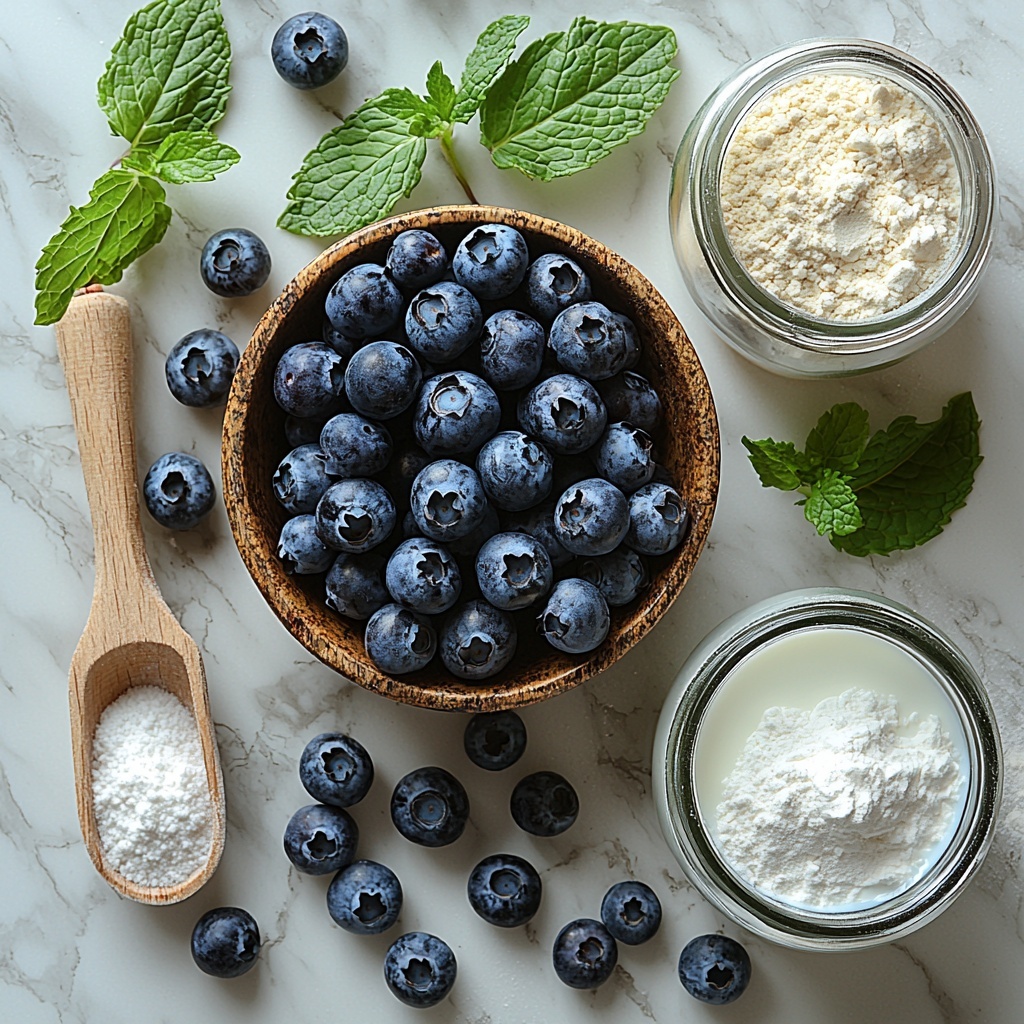 flat lay photography of baking ingredients arranged neatly on a clean white marble surface: a rustic ceramic bowl of fresh plump blueberries with deep blue and purple hues, a small wooden scoop of fine white flour spilling slightly onto the surface, a clear glass measuring cup filled with creamy white milk, a small vintage glass jar of golden granulated sugar, and a white porcelain spoon holding a heap of fine white baking powder. Soft natural light highlights the varied textures—the powdery flour, smooth milk, and glossy berries—casting gentle shadows. The elements are spaced evenly with minimalist styling, complemented by a sprig of fresh mint beside the blueberries for a pop of green. Overhead shot, top down view, flat lay photography, professional food styling --ar 1:1 --q 2 --s 750 --v 6.1