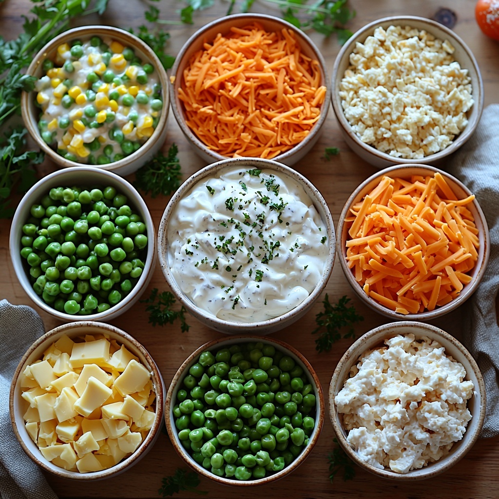 2 cups shredded cooked chicken, white and tender flakes; 1 can cream of chicken soup, white creamy texture in an open bowl; 1 cup sour cream, smooth and thick, bright white dollop on a small dish; 1 cup shredded cheddar cheese, vibrant orange-yellow fine strands; 1 cup frozen mixed vegetables, colorful mix of green peas, orange carrots, and yellow corn; 1 cup crushed cornflakes, golden crunchy flakes scattered in a shallow bowl; 1/2 cup melted butter, glossy golden liquid in a small glass container -- all ingredients neatly arranged in separate white ceramic bowls and dishes on a clean light wooden surface with natural daylight, soft shadows highlighting textures and colors, minimalistic rustic styling with a few sprigs of fresh herbs for accent, warm and inviting atmosphere, overhead shot, top down view, flat lay photography, professional food styling --ar 1:1 --q 2 --s 750 --v 6.1