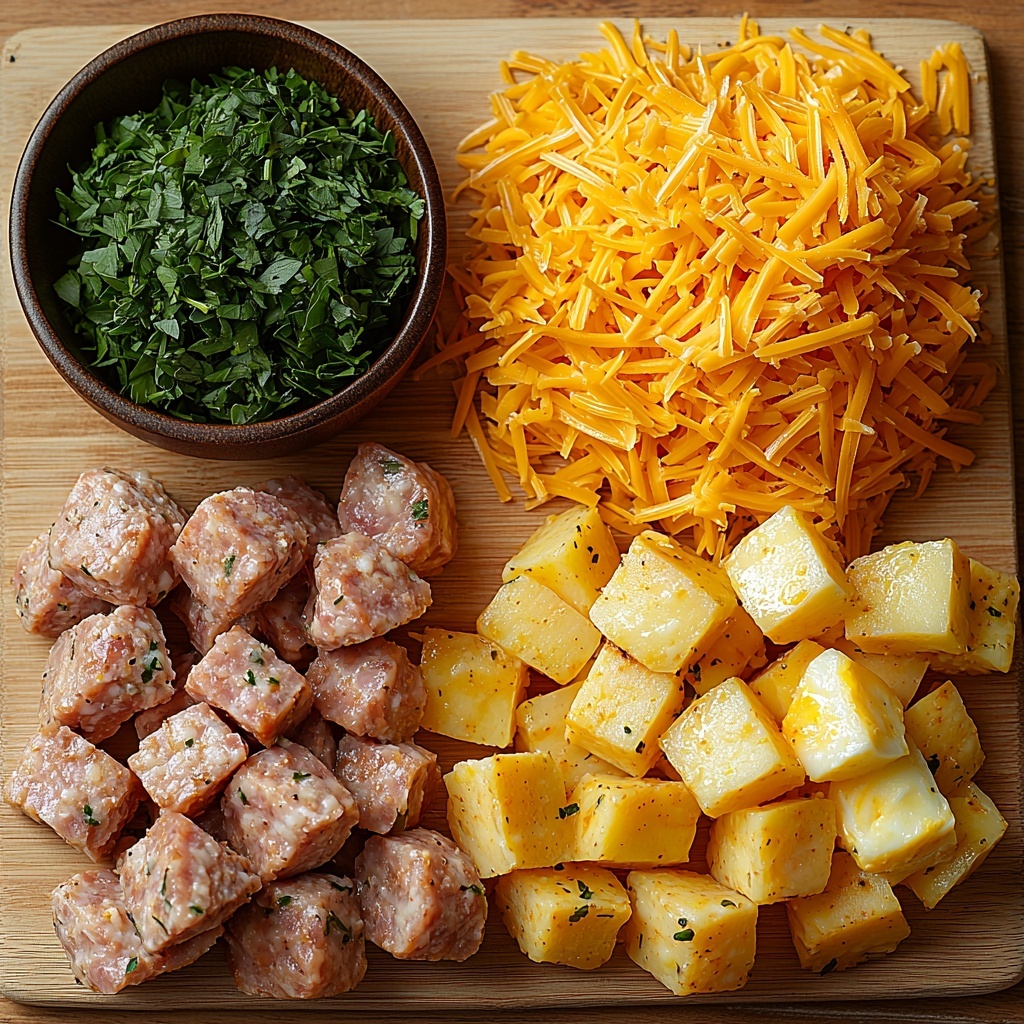 1- Potatoes O’Brien diced and golden-brown with crispy edges, raw ground turkey sausage in a small rustic bowl showing its pink, marbled texture, a cluster of fresh whole brown and white eggs with smooth shells, a heap of bright orange shredded sharp cheddar cheese with fine strands, all ingredients carefully spaced out on a clean, light wooden surface. The potatoes arranged in a small pile with scattered fresh herbs for color contrast, the turkey sausage slightly ruffled in the bowl to show texture, eggs placed naturally with soft shadows, and cheese sprinkled loosely with some strands trailing off for an organic feel. Soft natural light from one side highlighting the textures and warm tones, subtle shadows adding depth, minimal props to keep focus on ingredients, styled to look fresh and ready to cook. overhead shot, top down view, flat lay photography, professional food styling --ar 1:1 --q 2 --s 750 --v 6.1