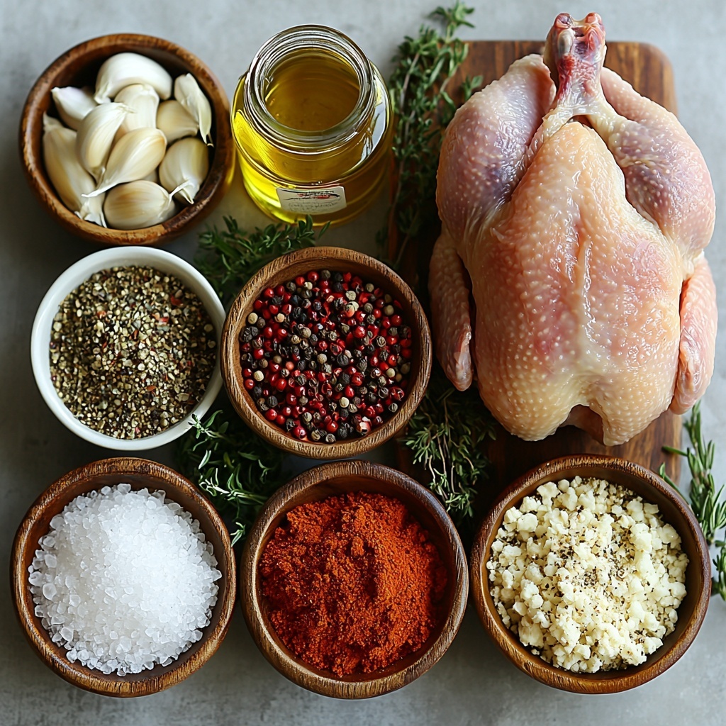 5- A clean white surface with all main ingredients for a rotisserie chicken recipe artfully arranged in an inviting flat lay: a whole raw chicken with pale pink skin, a small wooden bowl of coarse sea salt, a small glass jar of cracked black pepper with visible dark specks, loose dried thyme leaves scattered naturally alongside fresh green thyme sprigs, bright red piles of smoked paprika powder displayed on a white ceramic spoon, small white dishes containing onion powder and garlic powder with their fine, light beige textures, and a small clear glass bottle of golden olive oil catching the light. The ingredients are spaced evenly with natural shadows and textures highlighting their freshness and colors. Minimal rustic props like a wooden cutting board edge and soft natural lighting enhance the warm, appetizing atmosphere. Overhead shot, top down view, flat lay photography, professional food styling --ar 1:1 --q 2 --s 750 --v 6.1