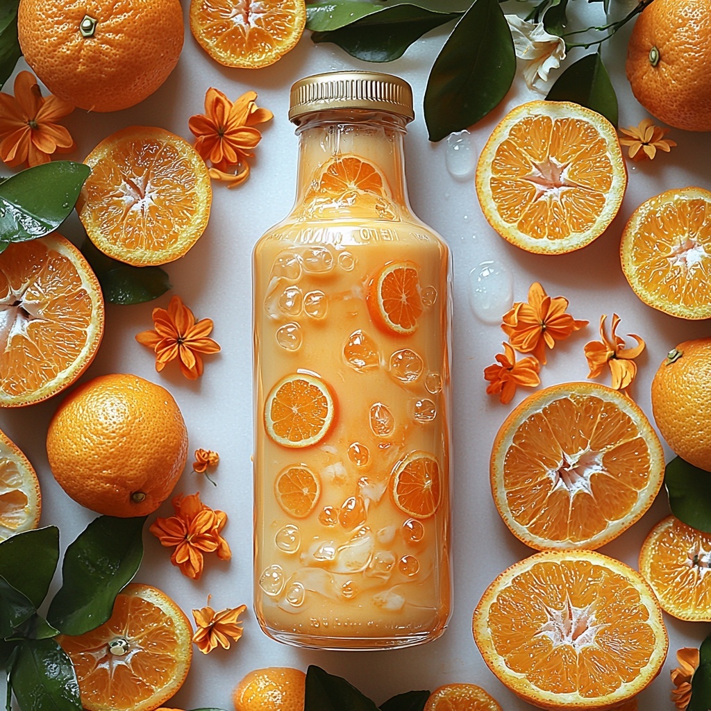 12- **Midjourney prompt:**
A clean, bright flat lay arrangement on a smooth white surface featuring the two main ingredients for orange sherbet: a shiny 14-ounce can of sweetened condensed milk with a reflective metallic label, next to a tall, transparent glass bottle or can of vibrant orange soda, showcasing the fizzy bubbles visible through the glass or colorful label with orange hues. Surrounding them are a few fresh orange slices and a small cluster of delicate orange blossoms or zest curls for a pop of fresh color and texture. Soft natural lighting highlights the creamy texture of the condensed milk can and the effervescent, bright orange soda bottle, creating contrast between the smooth, glossy surfaces and the fresh citrus elements. Subtle shadows add depth, with minimalistic styling emphasizing freshness and simplicity. Overhead shot, top down view, flat lay photography, professional food styling --ar 1:1 --q 2 --s 750 --v 6.1