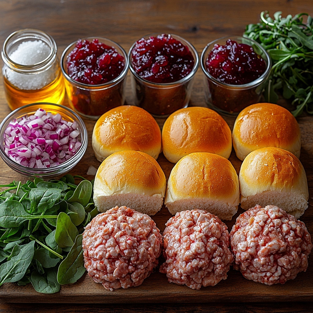 A clean white wooden surface with main ingredients for cranberry turkey sliders neatly arranged in an inviting flat lay: a mound of raw ground turkey showing soft texture and pale pink color; a small glass bowl filled with bright red, glossy cranberry sauce; a handful of shredded cheddar cheese with rich orange hues scattered loosely; a small bowl of finely chopped vibrant purple-red onions; small glass dishes with earthy ground garlic powder, salt crystals, and coarse black peppercorns; a neat stack of golden brown slider buns sliced in half showing soft crumb inside; fresh green spinach and arugula leaves with crisp textures artistically placed to one side; a small clear bottle of golden olive oil with subtle shine; all items spaced evenly and styled with natural light enhancing colors and textures, soft shadows, and minimal props to keep the focus on ingredients, creating a fresh and appetizing composition — overhead shot, top down view, flat lay photography, professional food styling --ar 1:1 --q 2 --s 750 --v 6.1