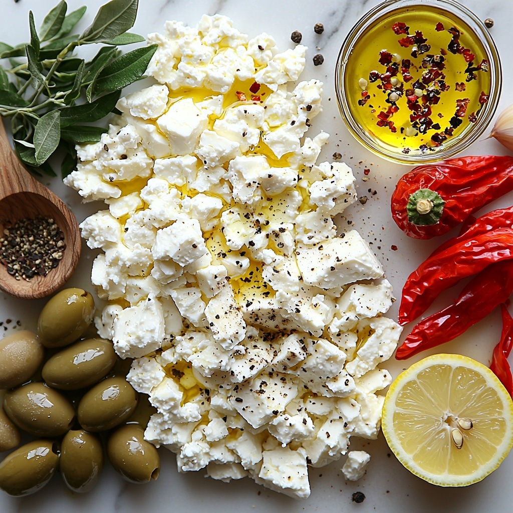 Green olives (pitted and whole), crumbled feta cheese, soft cream cheese, extra virgin olive oil in a small glass bowl, minced garlic clove, bright yellow lemon zest and fresh lemon half, vibrant roasted red pepper chunks, dried oregano sprinkled, red chili flakes, and freshly ground black pepper arranged artfully on a clean white marble surface. The ingredients are spaced evenly with natural textures emphasized—the creamy softness of the cheeses, the glossy sheen of olive oil, the crinkled edges of roasted red pepper, and the coarse granules of dried herbs and spices. Fresh green olives placed near a small drizzle of olive oil for contrast. Soft natural lighting highlights the colors: muted greens, bright reds, creamy whites, and golden yellows. Minimal props, light linen napkin folded casually at the edge, and a wooden spoon resting nearby to add warmth. Overhead shot, top down view, flat lay photography, professional food styling --ar 1:1 --q 2 --s 750 --v 6.1