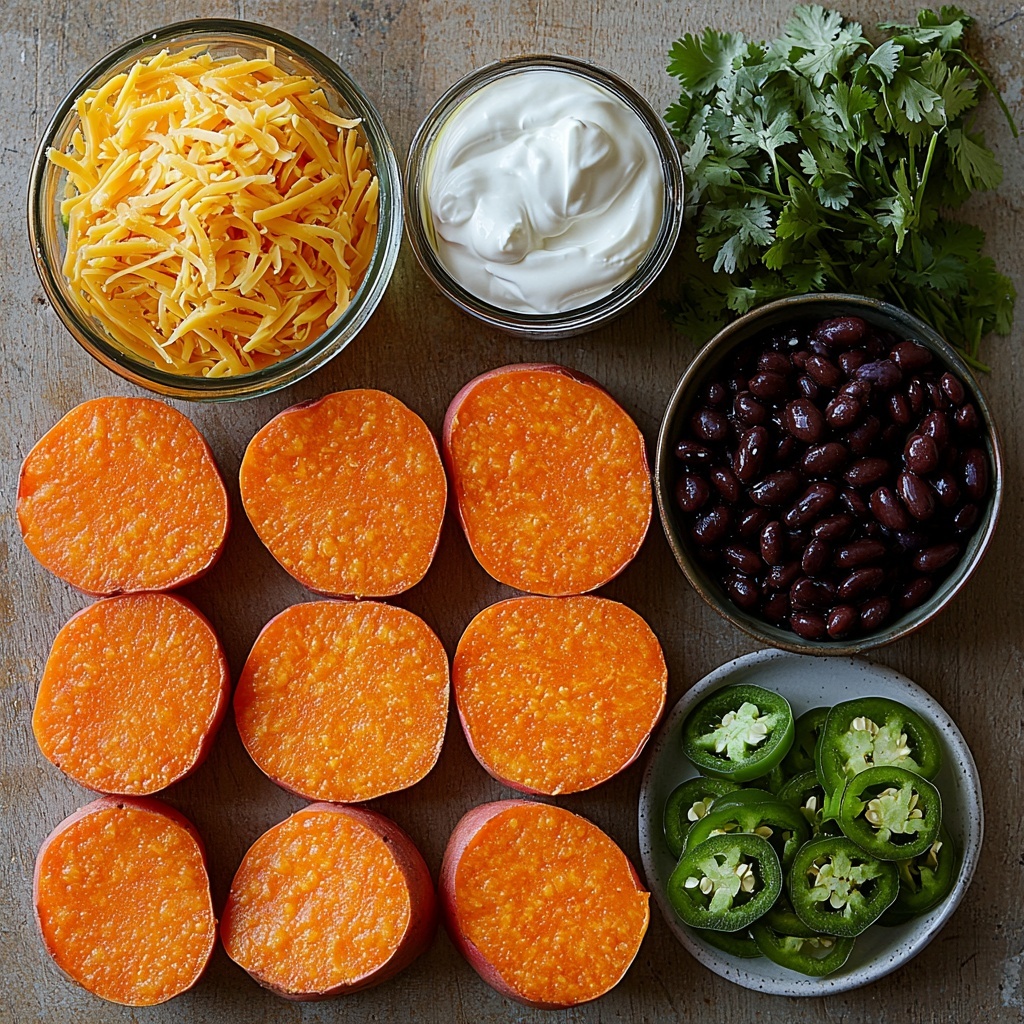 Sweet potatoes sliced into thin, round orange discs with smooth, slightly glossy skin edges; small glass bowl of extra virgin olive oil with a golden-green sheen nearby; heap of bright yellow shredded cheddar cheese with fine, delicate strands; open can of black beans showing shiny, dark purple-black beans with smooth texture; thinly sliced fresh jalapeño rings, vibrant green with seeds visible; small white bowl filled with diced tomatoes, rich red with juicy, slightly translucent pieces; dollops of creamy white sour cream or Greek yogurt in a rustic ceramic bowl, smooth and thick texture; fresh green cilantro sprigs with delicate, feathery leaves scattered around; all ingredients arranged neatly and spaced on a clean, light-colored wooden surface, natural daylight highlighting textures and vivid colors, styled casually yet thoughtfully with slight shadows for depth, minimal props for a fresh, inviting look — overhead shot, top down view, flat lay photography, professional food styling --ar 1:1 --q 2 --s 750 --v 6.1