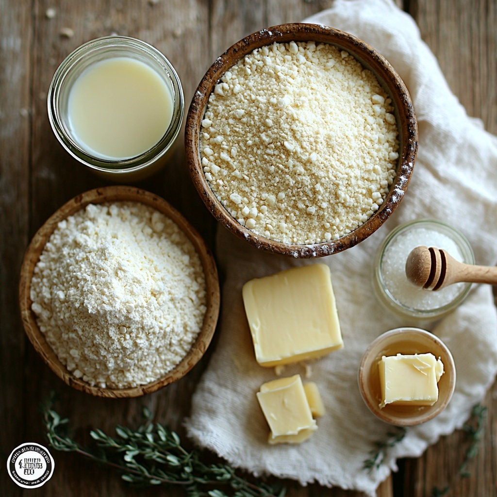 cornmeal in a small rustic ceramic bowl with a coarse golden texture, all-purpose flour in a white porcelain bowl showing fine white powder, granulated sugar in a clear glass jar sparkling under soft light, softened pale yellow butter in a small butter dish with a few crumbs on the side, a measuring cup of creamy white milk, a fresh brown egg with a smooth shell resting on a linen napkin, a wooden spoon holding light beige baking powder powdery and fine, tiny heap of fine white salt crystals on a vintage silver teaspoon, a small glass bowl of amber honey glistening and viscous, half a cup of butter softened and slightly melting beside the honey bowl, all ingredients neatly arranged on a clean light wooden surface with natural light casting soft shadows, styled with a few sprigs of fresh herbs and a folded linen cloth for warmth and texture, subtle warm tones enhancing the golden yellows and creamy whites, minimalistic and airy composition, overhead shot, top down view, flat lay photography, professional food styling --ar 1:1 --q 2 --s 750 --v 6.1