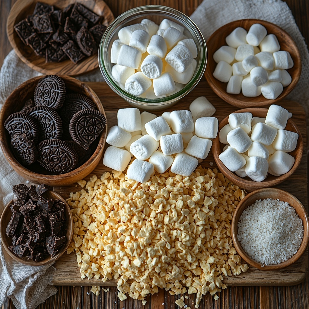half cup unsalted butter in a small glass bowl, 20 ounces of glossy white mini marshmallows scattered in a neat pile, two teaspoons of vanilla extract in a tiny clear glass jar, half teaspoon salt in a small white ceramic spoon, a large mound of crunchy golden Rice Krispies cereal, two cups of additional mini marshmallows loosely arranged, a small rustic bowl filled with dark Oreo cookie crumbs showing fine texture, roughly chopped chocolate-black and white Oreo cookie pieces spread casually on a linen napkin, broken Oreo cookie chunks placed artfully on a white ceramic dish, all ingredients arranged on a clean, light-colored wooden surface with soft natural light casting gentle shadows, styled with minimal props and fresh kitchen towels for a cozy, inviting atmosphere, textures highlighting smooth marshmallows, crumbly cookie bits, and crisp cereal, overhead shot, top down view, flat lay photography, professional food styling --ar 1:1 --q 2 --s 750 --v 6.1