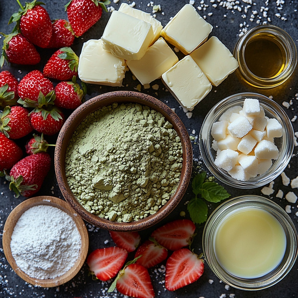 A clean, bright surface with all the main ingredients for a strawberry matcha cake carefully arranged in an artful flat lay: a small mound of pale green matcha powder in a rustic ceramic bowl, piles of soft white cake flour in a glass measuring cup, sparkling granulated sugar in a clear bowl highlighting its crystalline texture, smooth sticks of pale yellow unsalted butter softened and slightly melting, glossy egg whites in a clear small bowl reflecting light, creamy thick sour cream in a white ramekin, a small glass dish of golden vegetable oil, a tiny bottle of vanilla extract with a minimalist label, vibrant red strawberry jam in a small transparent jar showing its glossy texture, a small wedge of lemon next to a metal juicer, freeze-dried strawberry powder sprinkled beside a wooden spoon, all visually balanced with fresh green matcha powder contrasting with bright red strawberry hues and soft neutrals of flour and butter, styled with natural soft daylight, subtle shadows, and clean modern kitchen props, overhead shot, top down view, flat lay photography, professional food styling --ar 1:1 --q 2 --s 750 --v 6.1