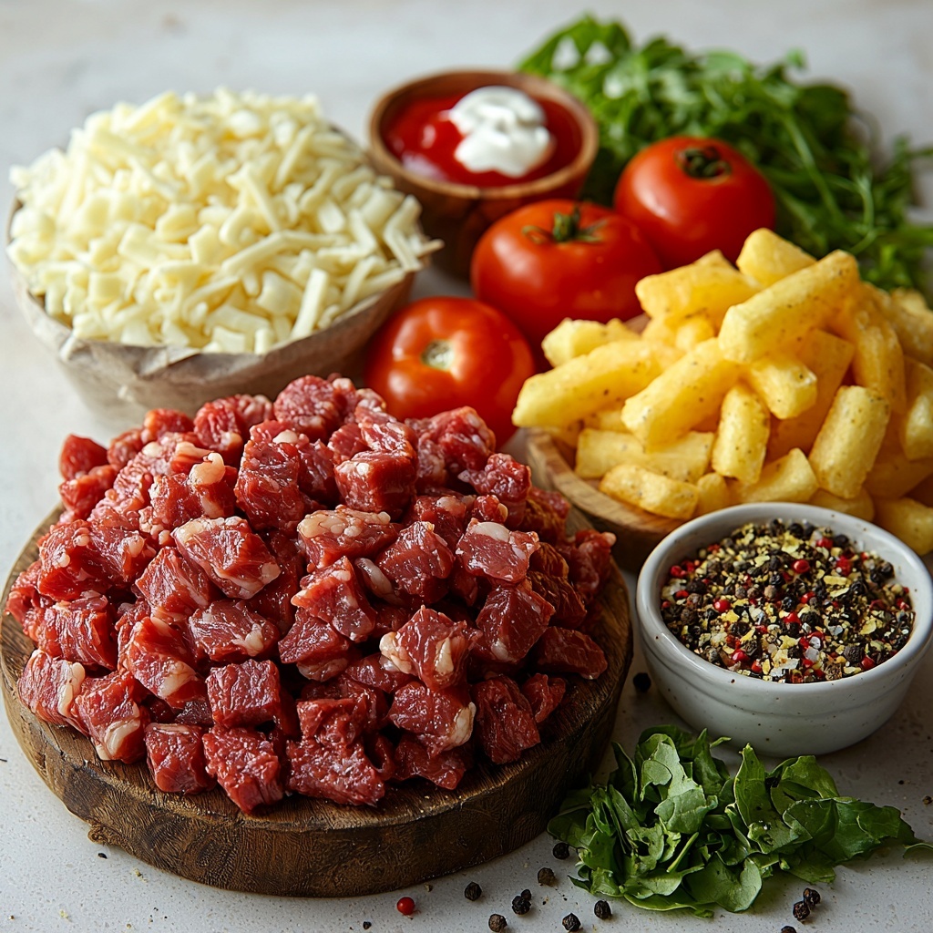 Frozen crinkle cut fries in a rustic mesh bag spilling golden, crispy textured fries onto a clean white surface; raw ground beef in a small bowl showing rich deep red color and marbled fat; a small wooden bowl of dry minced onion with fine, flaky texture; scattered coarse salt crystals and a small heap of ground black pepper and garlic powder on white ceramic spoons; two cups of shredded American cheese bright yellow with soft, delicate strands in a clear glass bowl; a small bowl of creamy white mayonnaise beside a dollop of glossy red ketchup; a tiny bowl with lemon juice appearing pale and translucent; a pinch of vibrant red paprika powder on a white dish; fresh diced tomatoes with bright red juicy chunks arranged neatly in a small clear bowl; crisp shredded lettuce with vivid green tones loosely fanned out; chopped dill pickles with glossy, textured green pieces in a small white bowl; optional crispy bacon bits with a rich reddish-brown color in a rustic ceramic dish. Ingredients are carefully spaced on a smooth, clean white marble countertop with natural soft lighting casting gentle shadows, emphasizing colors and textures. Overhead shot, top down view, flat lay photography, professional food styling --ar 1:1 --q 2 --s 750 --v 6.1