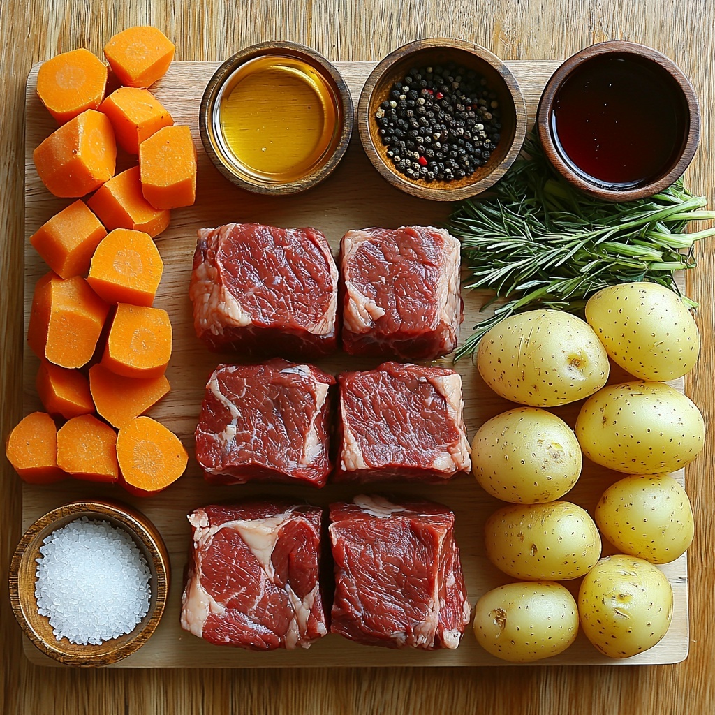 beef roast chuck or brisket, sliced onion rings, chopped bright orange carrots, chopped celery stalks with fresh green leaves, whole garlic cloves slightly crushed, black peppercorns scattered, dried bay leaves, small dark blue juniper berries, rustic salt crystals, coarse ground black pepper, small bowl of golden brown sugar or amber honey, raw unpeeled potatoes or pale parsnips, two rustic small bowls—one with red wine vinegar deep red liquid, one with clear water, wooden spoon, arranged neatly on a clean light wood surface with natural warm daylight, soft shadows, textures emphasizing fresh vegetables and raw meat, balanced composition with colors contrasting—rich reds, vibrant greens, and earthy neutrals, minimalistic style, slight rustic farmhouse vibe, overhead shot, top down view, flat lay photography, professional food styling --ar 1:1 --q 2 --s 750 --v 6.1