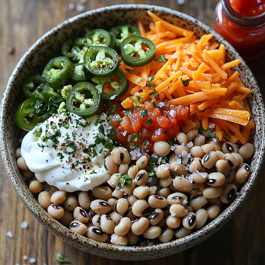 black-eyed peas in a small rustic bowl, canned and drained, with a light sheen; a quarter cup of creamy sour cream in a white ceramic ramekin; sharp cheddar cheese freshly shredded in a small pile showing bright orange color and crumbly texture; finely diced white onion pieces scattered neatly on a natural wood surface; 8 green pickled jalapeño slices arranged in a loose semi-circle; 3 tablespoons of medium red salsa with visible tomato chunks in a clear glass dish; small piles of coarse salt and freshly ground black pepper with some peppercorns visible; a small bottle or drop of bright red hot sauce with a glossy finish; all ingredients spaced evenly on a clean, light wood table with soft natural daylight highlighting the vibrant colors and textures, slight shadows for depth, minimal props for a clean and fresh look — overhead shot, top down view, flat lay photography, professional food styling --ar 1:1 --q 2 --s 750 --v 6.1