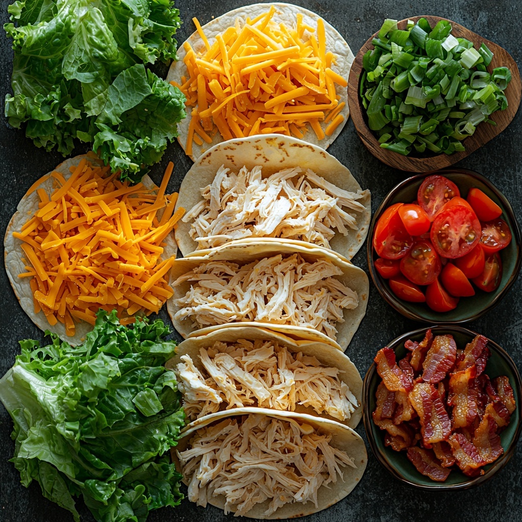 Flour tortillas, green leaf lettuce leaves, finely chopped rotisserie chicken, creamy ranch dressing in a small bowl with a drizzle, shredded cheddar cheese, crispy chopped bacon pieces, diced bright red tomatoes, chopped green onions scattered, all neatly arranged on a clean white surface. The tortillas are open and laid flat, with vibrant green lettuce leaves centered on them. Next to the tortillas, small piles of shredded chicken shaped into neat lines, the ranch dressing drizzled artfully over the chicken in soft white ribbons. The shredded cheddar cheese is piled loosely displaying its rich orange color and slightly crumbly texture. Crispy bacon bits with a golden-brown crunch, juicy red tomato cubes, and fresh green onion slices are arranged in small bowls and scattered around to create a colorful harmonious composition. The lighting is soft and natural, highlighting the fresh textures and vivid colors, with minimal shadows. Clean and uncluttered styling with subtle props like a rustic wooden spoon and a linen napkin at the edges to enhance warmth and authenticity. overhead shot, top down view, flat lay photography, professional food styling --ar 1:1 --q 2 --s 750 --v 6.1