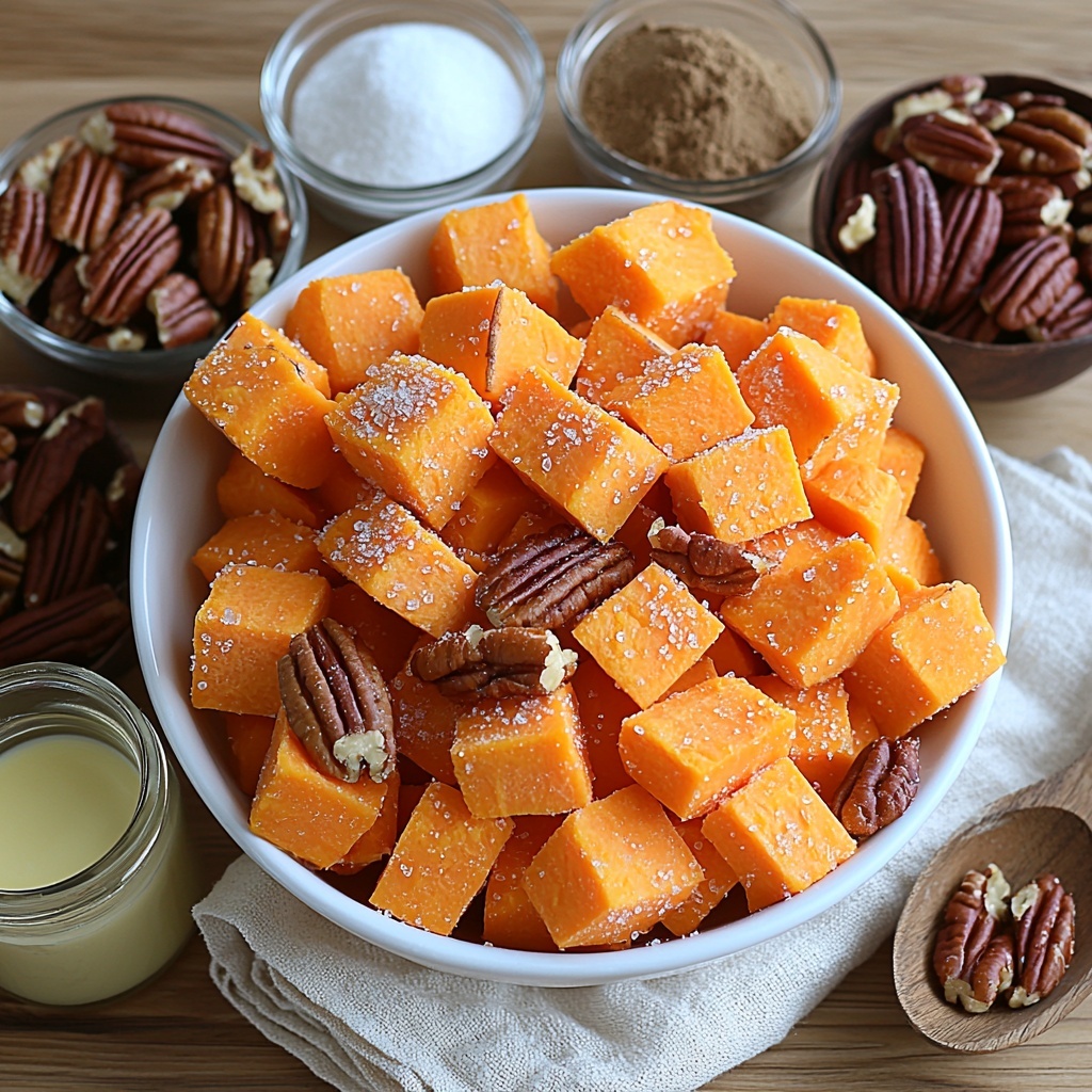 sweet potatoes peeled and cut into 1-inch cubes in a white ceramic bowl, small rustic bowls containing packed brown sugar, melted butter with a golden sheen, vanilla extract in a tiny glass jar, ground cinnamon and nutmeg in small wooden spoons, flaky salt crystals scattered nearby, a mound of all-purpose flour on a textured linen cloth, chopped pecans in a clear glass bowl showing their rich brown and tan hues; ingredients arranged neatly on a clean light wooden surface with soft natural light enhancing warm autumnal tones and highlighting contrasting textures—the smoothness of butter, grainy sugar crystals, rough pecan pieces, and vibrant orange sweet potatoes—styled with minimal props like a wooden spoon and a folded linen napkin, shadows soft and diffused, creating an inviting, cozy atmosphere for a fall-inspired baking scene; overhead shot, top down view, flat lay photography, professional food styling --ar 1:1 --q 2 --s 750 --v 6.1