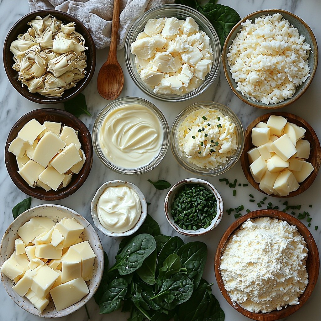2 tablespoons unsalted butter in a small glass dish, creamy pale yellow; 2 tablespoons all-purpose flour in a rustic ceramic bowl, fine white powder; 1 cup half and half in a clear measuring cup, smooth and creamy off-white liquid; 4 ounces cream cheese, soft white block with slight texture; 2 teaspoons Worcestershire sauce in a small dark glass bottle, deep brown liquid; 2 teaspoons Dijon mustard in a tiny white ramekin, smooth golden yellow paste; 1 cup freshly grated parmesan cheese, irregular snowy white shards; 1 cup shredded mozzarella cheese, soft white strands; 10 ounces fresh baby spinach, vibrant deep green leaves with natural texture; 6-ounce jar of marinated artichokes drained, pale green and yellow wedges with glossy sheen arranged neatly; 1 pound lump crab meat, white and coral pink flaky chunks showing delicate texture; 1 tablespoon finely chopped fresh chives scattered beside ingredients for a pop of bright green; all ingredients carefully arranged on a clean white marble surface, balanced composition with natural daylight highlighting the varied textures and colors, minimal shadows, slight rustic wooden spoon and neutral linen napkin as accents; overhead shot, top down view, flat lay photography, professional food styling --ar 1:1 --q 2 --s 750 --v 6.1
