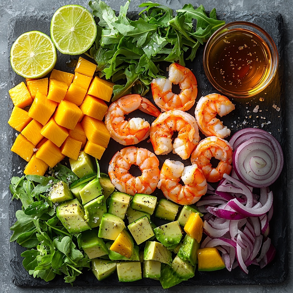 Fresh cooked prawns peeled and deveined arranged in a neat pile, ripe avocado diced into bright green cubes, vibrant orange diced mango chunks, a handful of mixed salad greens including arugula, spinach, and romaine with varied green hues and delicate textures, thinly sliced half red onion with purple translucent rings, crisp pale green cucumber slices fanned out, small pile of chopped fresh cilantro leaves for a pop of bright green, halved lime with juicy segments visible, small glass bowl of golden olive oil, a drizzle of honey with glossy amber tones beside it, a small dish of lime juice, scattered coarse salt and black peppercorns on a clean white marble surface, ingredients spaced evenly with natural light creating soft shadows and highlights emphasizing freshness and textures, minimal props, rustic wooden fork and linen napkin partially visible to add warmth, overhead shot, top down view, flat lay photography, professional food styling --ar 1:1 --q 2 --s 750 --v 6.1