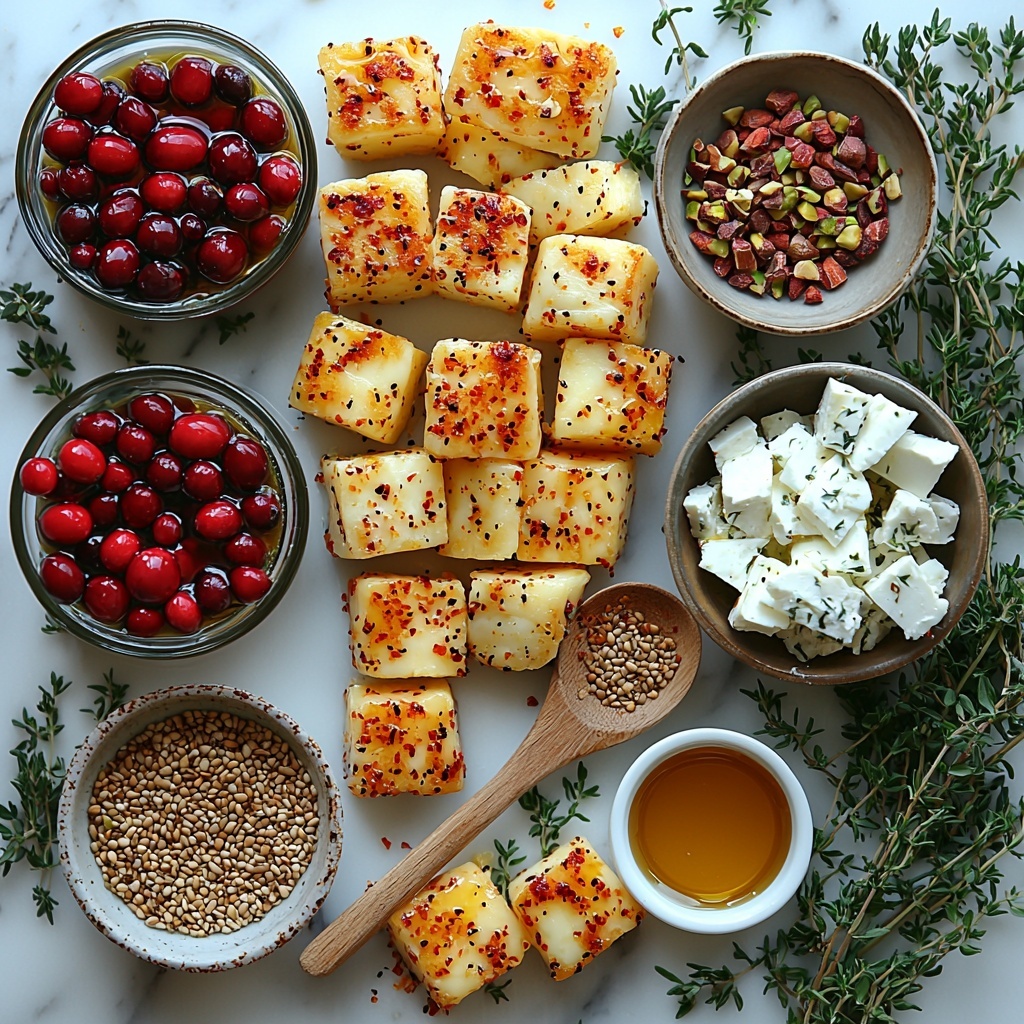 200g cubed halloumi cheese with a golden, crispy crust, 150g small feta cheese cubes with a creamy, crumbly texture, small glass bowl of vibrant red fresh cranberries, a wooden spoon dripping glossy amber honey, a small white dish holding chili flakes and smoked paprika powders in warm red and brown hues, a sprig of fresh green thyme or parsley, scattered black cracked peppercorns, light sheen of olive oil in a small ceramic pouring jug, a few bright orange zest strips, optional sprinkle of white sesame seeds and crushed green pistachios arranged artfully nearby; all ingredients laid out neatly on a clean white marble surface with soft natural light enhancing the rich textures and vibrant colors, minimalistic rustic styling with subtle shadows and gentle highlights, overhead shot, top down view, flat lay photography, professional food styling --ar 1:1 --q 2 --s 750 --v 6.1
