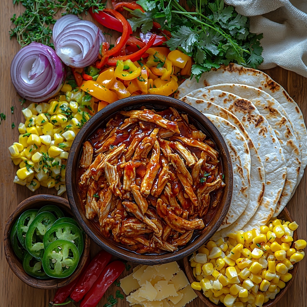 A vibrant flat lay of Hot Honey BBQ Chicken Quesadilla ingredients arranged neatly on a clean, light-colored wooden surface. In the center, a rustic bowl filled with shredded rotisserie chicken coated in glossy, sticky hot honey and smoky BBQ sauce, showcasing rich reddish-brown hues and a shiny texture. Surrounding the bowl, layers of fresh, colorful sliced bell peppers in red, yellow, and green tones with a slight gloss, thinly sliced white and purple onions with natural translucency, bright yellow corn kernels in a small dish, and fresh green jalapeños, some whole and some sliced revealing seeds. Next to these, a stack of warm, soft flour tortillas with a slightly toasted edge texture, fanned out casually. A small block and shredded piles of Monterey Jack cheese with a pale creamy color and smooth texture lie nearby. Glossy olive oil in a small glass container reflects soft light. The composition is balanced with natural light, minimal shadows, and subtle highlights emphasizing textures and freshness, styled with a few fresh herbs for a pop of green and rustic kitchen linens in neutral tones to add warmth. overhead shot, top down view, flat lay photography, professional food styling --ar 1:1 --q 2 --s 750 --v 6.1