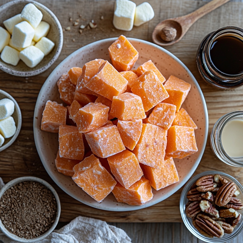 4 large organic sweet potatoes, peeled and cubed, vibrant orange chunks arranged neatly on a rustic white ceramic plate; small glass bowls containing golden extra virgin olive oil, creamy almond milk, and dark amber pure maple syrup; scattered piles of warm brown organic brown sugar and golden organic raisins, plump and glossy after soaking; cubed unsalted butter pieces glistening with softness on a small wooden board; small dishes with ground cinnamon, nutmeg, and a pinch of allspice showing fine, earthy textures; a heap of raw pecans with rough, textured shells spilling slightly beside a bowl of fluffy white marshmallows; vanilla extract in a tiny glass bottle with a cork stopper; all ingredients arranged symmetrically on a smooth light wooden surface, natural soft lighting emphasizing warm autumnal tones and rich textures, shadows soft and minimal, wooden spoons and a neutral linen napkin subtly styled nearby to add rustic charm, clean and inviting composition, overhead shot, top down view, flat lay photography, professional food styling --ar 1:1 --q 2 --s 750 --v 6.1