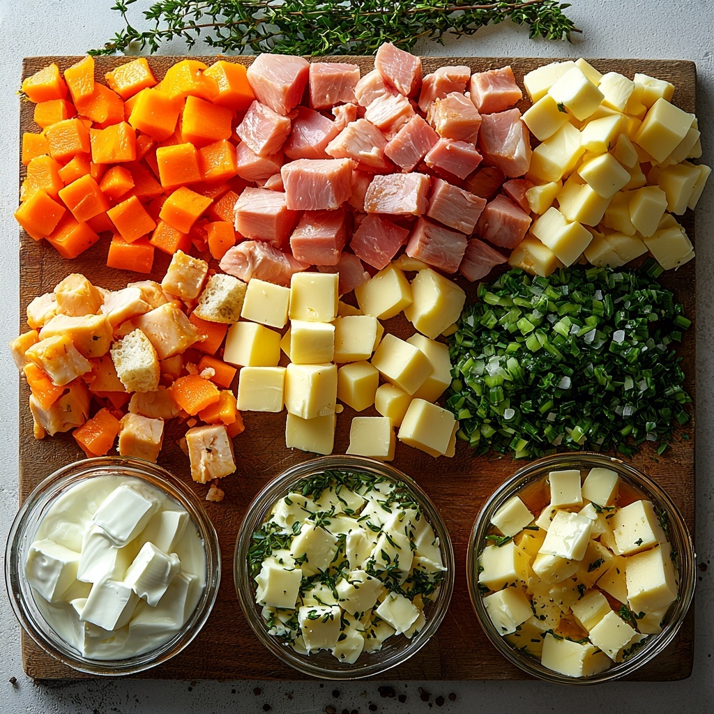A bright, clean flat lay of Chicken Cordon Bleu Soup ingredients arranged neatly on a smooth white surface. In one area, a small glass bowl of unsalted butter cubes melting slightly, next to a small pile of diced yellow onion with its translucent, pale golden layers. Nearby, vibrant diced orange carrots and fresh green diced celery ribs, each showing fresh textures and crisp edges. A small heap of minced garlic with tiny, creamy white cloves, beside wooden spoons holding ground paprika with its warm reddish hue, salt crystals sparkling white, and freshly ground black pepper specks. A large clear container of rich golden chicken broth sits alongside a pint jar of heavy cream with smooth, velvety texture. Next to these, a small bowl of tangy dijon mustard, vivid yellow with a glossy surface. Heaped separately, cooked and cubed chicken with tender white and browned edges, alongside cubed ham featuring a rosy pink with marbled fat. Soft cream cheese cubes, creamy white and smooth, rest on a rustic wooden board. Shredded Swiss cheese in delicate pale yellow curls is displayed artfully in a small bowl. Homemade croutons, golden-brown and crunchy with rough textured edges, are spread around for contrast. The entire arrangement styled with fresh sprigs of thyme and gentle natural light casting soft shadows, emphasizing the variety of textures and colors. Clean, minimalistic setting with subtle rustic accents to evoke cozy homemade cooking. Overhead shot, top down view, flat lay photography, professional food styling --ar 1:1 --q 2 --s 750 --v 6.1