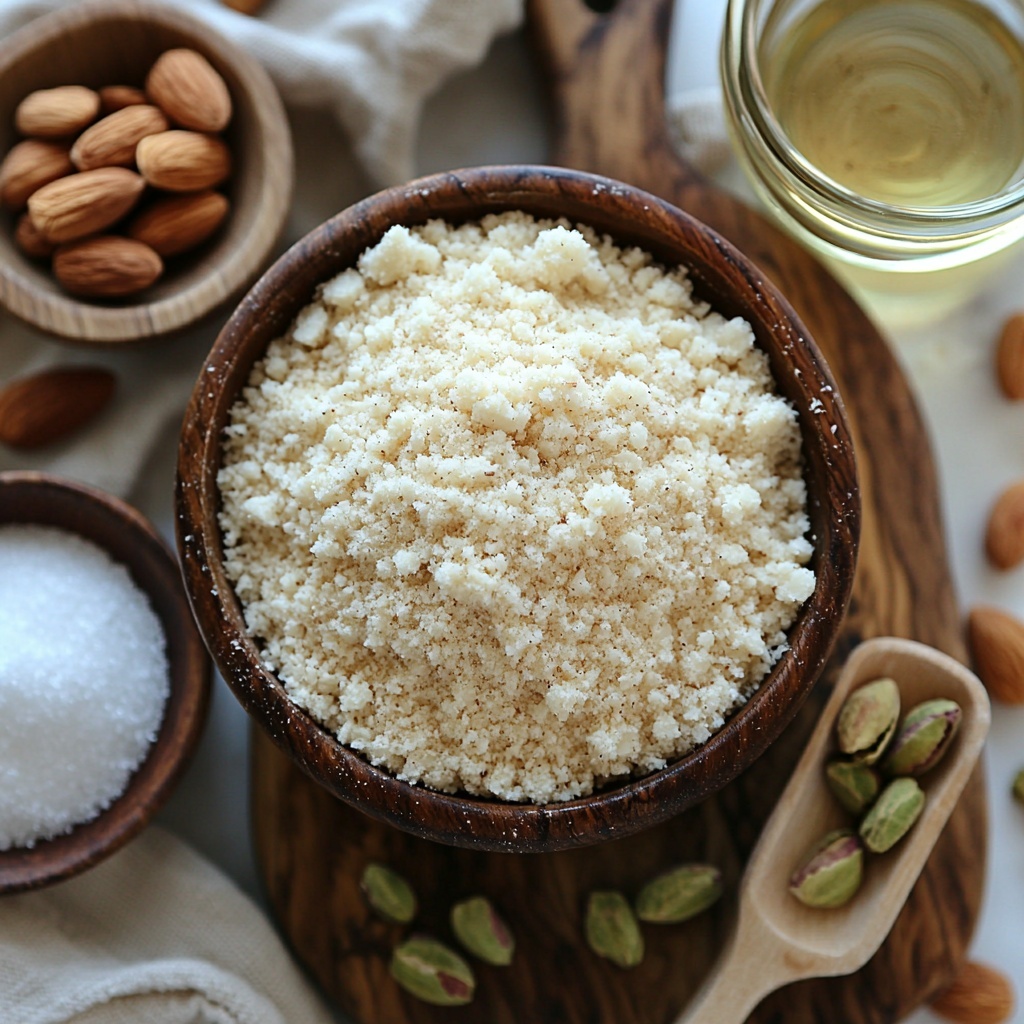 blanched fine almond flour in a small rustic ceramic bowl with a soft, powdery texture, raw whole almonds scattered nearby, a small glass bowl of white granulated sugar, cardamom pods and a small pile of green cardamom powder showcasing fine grains and vibrant green hues, a clear glass measuring cup with translucent water, two small dollops of golden melted ghee on a white ceramic spoon, thinly sliced bright green pistachios arranged neatly on a wooden board, all ingredients thoughtfully spaced on a clean, light-colored textured linen surface that enhances natural earthy tones, subtle shadows adding depth and warmth, minimalistic and elegant styling with natural light highlighting the colors and textures, overhead shot, top down view, flat lay photography, professional food styling --ar 1:1 --q 2 --s 750 --v 6.1