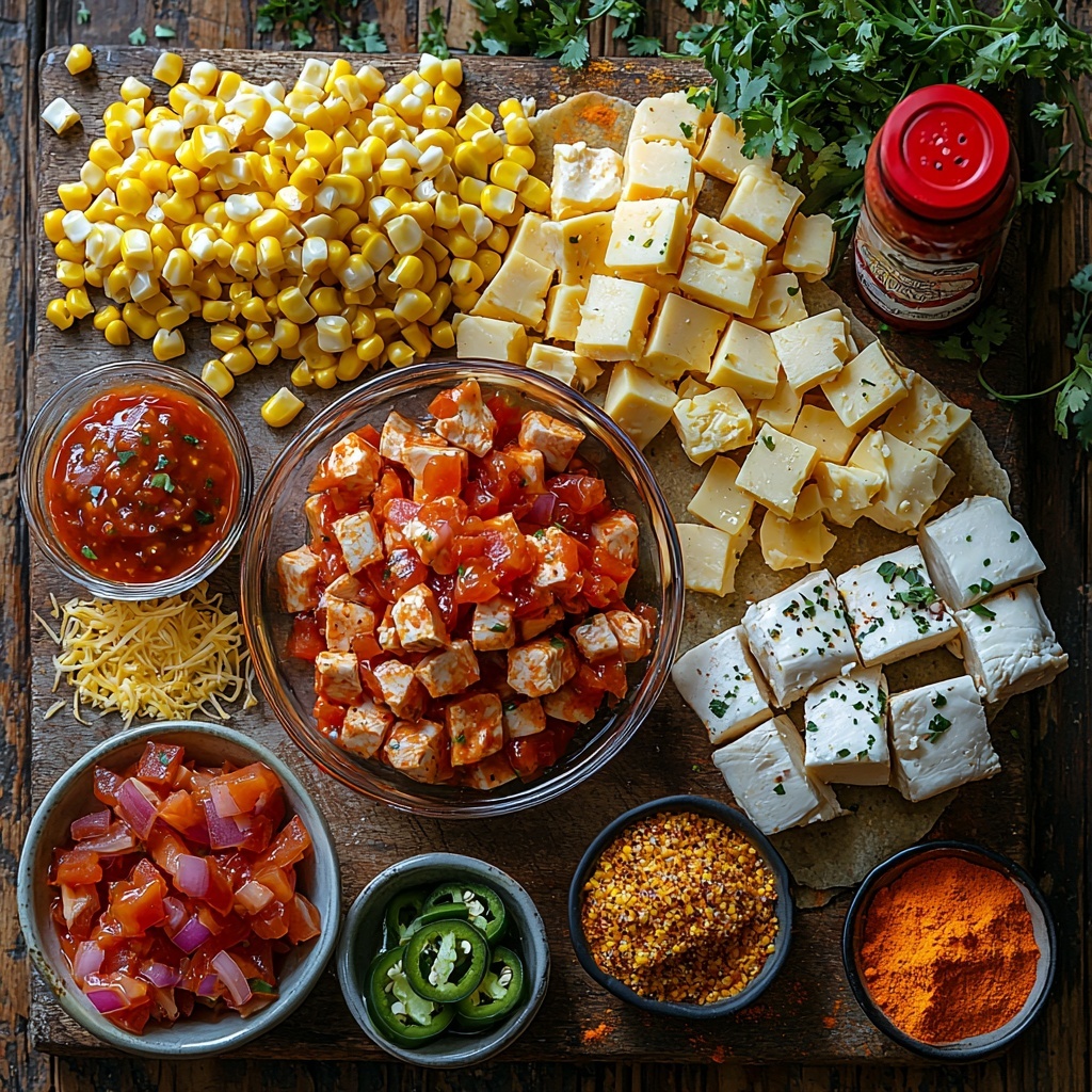 Butter cubes, small diced yellow onion in a small bowl, chopped green jalapeno pepper pieces on a white ceramic spoon, minced garlic cloves scattered gently, a spoonful of deep red tomato paste on a rustic wooden board, drained golden yellow corn kernels in a clear glass bowl, a can of bright red Rotel diced tomatoes with green chilies opened showing vibrant tomato pieces, black beans glossy and dark in a white ramekin, fresh raw boneless skinless chicken breasts laid out on parchment paper, a small heap of warm reddish-brown cayenne pepper powder sprinkled lightly on the surface, aromatic ground cumin in a tiny bowl, a small bottle of hot sauce with a red cap tipped slightly spilling a single drop, an opened packet of golden taco seasoning powder spilling a bit, a small mound of shredded sharp orange cheddar cheese, a dollop of creamy white softened cream cheese on a vintage silver knife, and a few folded soft corn tortillas with warm beige tones stacked nearby. All ingredients thoughtfully arranged on a clean rustic light wood surface, balanced composition featuring varied textures from smooth cream cheese to coarse taco seasoning and glossy beans, natural daylight highlighting vibrant colors, minimal shadows, a hint of fresh herbs as garnish off to the side to add freshness, styled with casual elegance and natural props — overhead shot, top down view, flat lay photography, professional food styling --ar 1:1 --q 2 --s 750 --v 6.1