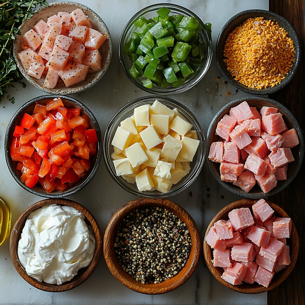 A clean white marble surface neatly arranged with all the main ingredients for a hearty keto ham and cheese bake: small clear glass bowls holding finely diced red and green peppers, and finely diced onions, showcasing vibrant reds, greens, and purples; a small bowl of creamy white sour cream and another with pale yellow heavy whipping cream; a rustic wooden bowl filled with 2.5 cups of shredded bright orange cheddar cheese with visible texture; a small dish of melted golden butter glistening under the light; a neat pile of 14 large brown eggs with smooth shells; a small white ramekin containing pinkish diced cooked ham cubes; tiny spoons holding ground smoked paprika, black pepper, salt, and dry mustard powders in earth tones; an avocado oil spray bottle placed casually nearby. The colors are warm and inviting with contrasting textures—creamy liquids, coarse cheese shreds, and diced vegetables—all balanced symmetrically with soft natural lighting casting gentle shadows. The composition emphasizes freshness and home-cooked rustic charm, styled with subtle linen napkins and minimalistic props for a clean, sophisticated look. Overhead shot, top down view, flat lay photography, professional food styling --ar 1:1 --q 2 --s 750 --v 6.1