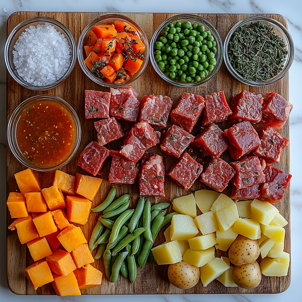 beef stew meat cubes, diced yellow onion, cubed potatoes with skin (Red and Yukon Gold varieties), peeled and sliced orange carrots, sliced celery ribs, peeled and minced garlic cloves, a can of diced tomatoes with liquid in a small rustic bowl, a clear glass container of rich beef broth, dried thyme and dried Italian seasoning sprigs and small bowls of each herb, vibrant frozen green beans and peas in separate small bowls, a small bowl of coarse salt and whole black peppercorns scattered loosely, arranged neatly on a clean white marble surface with natural light highlighting the varied colors and textures – warm red-brown beef, bright orange carrots, fresh green veggies, creamy yellow onion and potatoes, juicy red tomatoes, aromatic herbs, smooth broth – composition balanced with ingredients spaced evenly to create visual harmony, slight shadows adding depth, minimalistic rustic style with a touch of casual elegance, fresh and inviting atmosphere overhead shot, top down view, flat lay photography, professional food styling --ar 1:1 --q 2 --s 750 --v 6.1