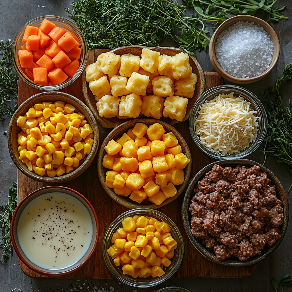 /Imagine a clean, bright surface with a neatly arranged flat lay of cowboy casserole ingredients: a raw 1 lb of ground beef in a rustic ceramic bowl showcasing its deep red, slightly marbled texture; next to it, a shiny opened can of bright yellow corn kernels, glistening with moisture; a generous mound of shredded cheddar cheese in vibrant orange and pale yellow hues, softly piled on a wooden cutting board; a neat pile of golden, crispy frozen tater tots arranged in a small basket lined with parchment paper; an opened can of creamy, pale beige mushroom soup with a smooth, velvety texture inside a glass bowl; a small clear glass measuring cup filled halfway with white milk; two small white bowls containing fragrant garlic powder and onion powder, fine and light beige in color; scattered coarse salt crystals and freshly ground black peppercorns in miniature dishes; the ingredients are spaced evenly with natural daylight highlighting the rich colors and varied textures, styled with fresh green herbs for contrast and subtle shadows for depth – overhead shot, top down view, flat lay photography, professional food styling --ar 1:1 --q 2 --s 750 --v 6.1