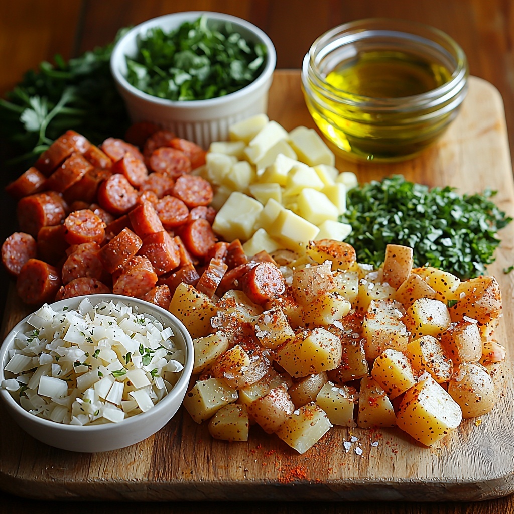 A clean, light wooden surface arranged with fresh ingredients for Cajun Potato Soup: a small glass bowl filled with golden vegetable oil, a rustic wooden plate holding neatly sliced ¼-inch rounds of rich, reddish-brown andouille sausage, a cluster of diced white onion pieces forming a small mound next to bright green diced celery, vibrant red diced half bell pepper adding a pop of color, a tiny white ramekin with minced garlic glistening, and small piles of colorful spices—bright red paprika, deep red cayenne pepper, warm brown-black Cajun seasoning, coarse kosher salt crystals, and cracked black peppercorns—carefully dusted and separated. Nearby, four peeled russet potatoes cut into chunky cubes showing creamy white flesh with slight rough edges, a small glass bowl with smooth, pale yellow heavy whipping cream, and a small heap of shredded mild cheddar cheese with a soft orange hue, sprinkled with fresh, finely chopped vivid green parsley leaves for garnish. All ingredients are arranged symmetrically with natural light enhancing the rich textures and vibrant colors, soft shadows adding depth, creating an inviting, appetizing scene. Overhead shot, top down view, flat lay photography, professional food styling --ar 1:1 --q 2 --s 750 --v 6.1