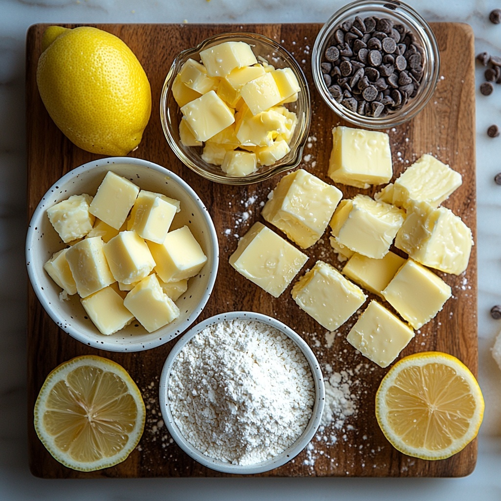 170 g white chocolate baking chips in a small white ceramic bowl, 113 g unsalted butter cut into neat cubes on a rustic wooden board, 85 g all-purpose flour in a glass measuring cup with a light dusting around it, 110 g granulated sugar in a clear bowl catching soft light, 4 large whole brown eggs and 4 large egg yolks in a delicate glass ramekin, 150 g vibrant yellow lemon curd in a small white bowl with a glossy surface, 2 tbsp fresh bright yellow lemon zest scattered artfully next to two halved lemons with textured rind, 1 tsp clear vanilla extract in a tiny glass bottle, and 2 tbsp powdered sugar lightly dusted over a fine mesh sieve. All ingredients arranged thoughtfully on a pristine white marble surface with soft natural light casting gentle shadows, emphasizing contrasting textures—from smooth butter and glossy curd to granular sugar and fluffy flour. Minimalist styling with subtle hints of rustic charm, enhancing the freshness and color vibrancy of each element, clean and uncluttered composition with ample negative space. Overhead shot, top down view, flat lay photography, professional food styling --ar 1:1 --q 2 --s 750 --v 6.1