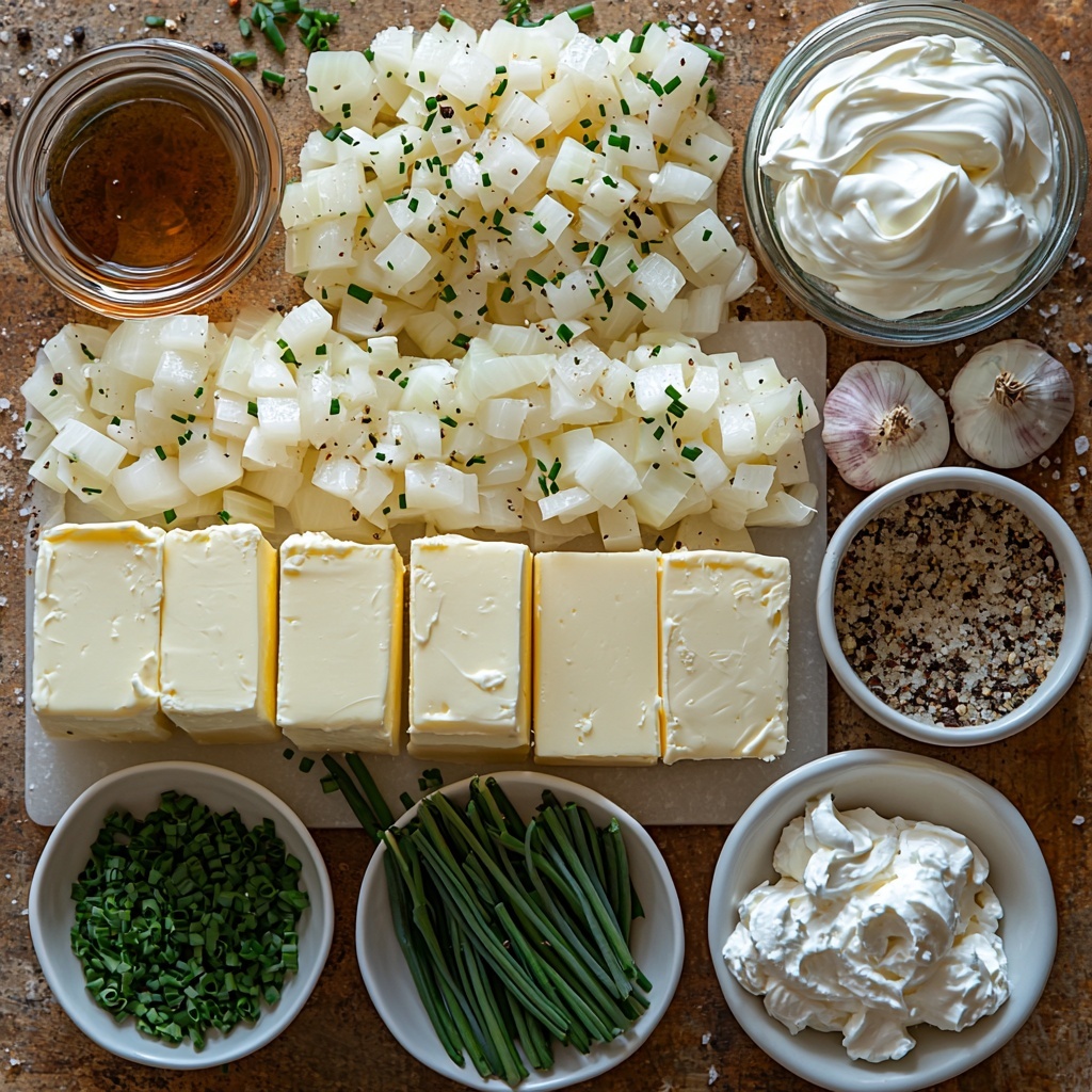 chuck roast raw, large chunk with rich marbling, 3 to 4 pounds, next to three large yellow onions sliced into rings showing crisp layers, small bowl filled with deep brown beef broth, small glass container with dark glossy balsamic vinegar, four cloves of fresh garlic peeled and minced, elegant bottle of Worcestershire sauce with dark liquid inside, fresh green sprigs of thyme arranged delicately, coarse sea salt flakes and cracked black pepper scattered artistically, small dish of golden olive oil with light reflections on surface; all ingredients laid out on a clean rustic wooden surface with natural light casting soft shadows, textures highlighted — the rich marbling of meat, translucent onion layers, glossy liquids, and fresh herbs contrast beautifully; composition is balanced and inviting with warm earthy tones, minimalistic props to enhance focus on ingredients — overhead shot, top down view, flat lay photography, professional food styling --ar 1:1 --q 2 --s 750 --v 6.1