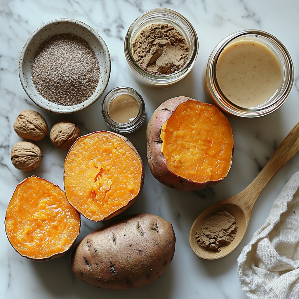 4 boneless skinless chicken breasts butterflied, small bowls containing all-purpose flour, beaten eggs with a glossy texture, Italian-style breadcrumbs mixed with grated Parmesan, finely chopped fresh basil, garlic powder, salt, and black pepper, a drizzle of olive oil in a small glass container, fresh whole cherry tomatoes with vibrant red skin, two cloves of crushed garlic with papery skins, a small bowl of olive oil for roasting, a rustic torn ball of creamy burrata cheese showing soft, milky interior, scattered fresh basil leaves with bright green color, a small bowl or bottle with dark glossy balsamic glaze, all ingredients neatly arranged in aesthetically pleasing clusters on a clean white marble surface, emphasis on rich colors and contrasting textures — the dry flour and breadcrumbs next to juicy tomatoes and soft cheese, natural lighting highlighting the freshness and vividness of the ingredients, minimal shadows, subtle rustic props such as a linen napkin or wooden spoon on the side for warmth, overhead shot, top down view, flat lay photography, professional food styling --ar 1:1 --q 2 --s 750 --v 6.1