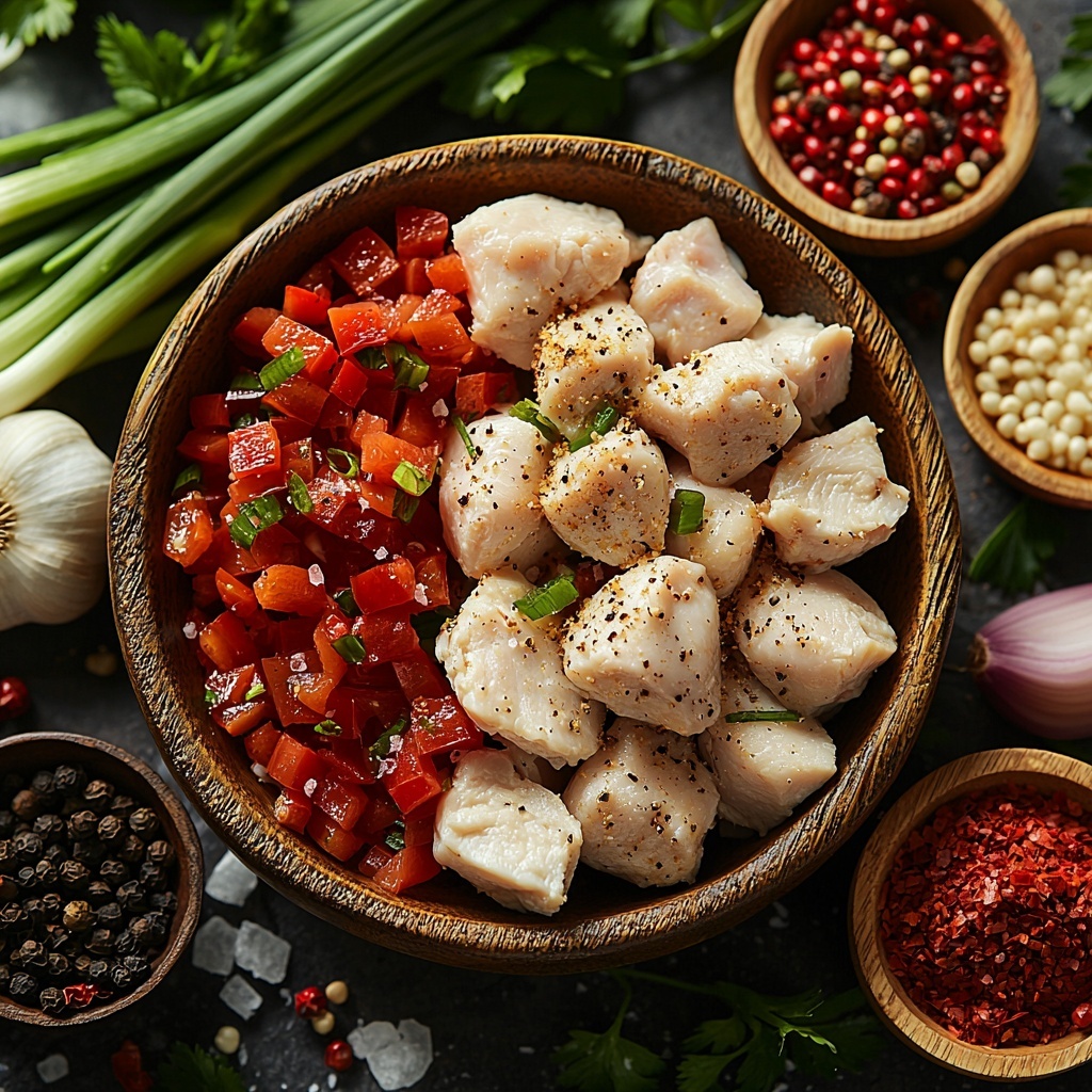 4 cups smooth white milk in a clear glass measuring cup, 2 cups thick heavy cream in a small white bowl, 1 cup glossy sweetened condensed milk in a glass jar, 2 cups translucent pale white cranberry juice in a simple clear pitcher, small glass bottles with 1 teaspoon vanilla extract and 1/2 teaspoon almond extract, a chilled bottle of sparkling lemon-lime soda with droplets of condensation, a stack of large clear ice cubes and a frosted ice ring on a textured white surface, dollops of fluffy whipped cream in a white ramekin, a small bowl of bright red sugared cranberries sparkling with sugar crystals, a delicate pile of snowy shredded coconut flakes, scattered white chocolate shavings with a smooth creamy texture, tiny colorful festive sprinkles in a small dish, and an optional elegant bottle of white rum or vanilla vodka with pale amber liquid. All ingredients arranged neatly with natural soft lighting, minimal shadows, on a clean white background with subtle holiday accents like fresh pine sprigs nearby for freshness. Overhead shot, top down view, flat lay photography, professional food styling --ar 1:1 --q 2 --s 750 --v 6.1