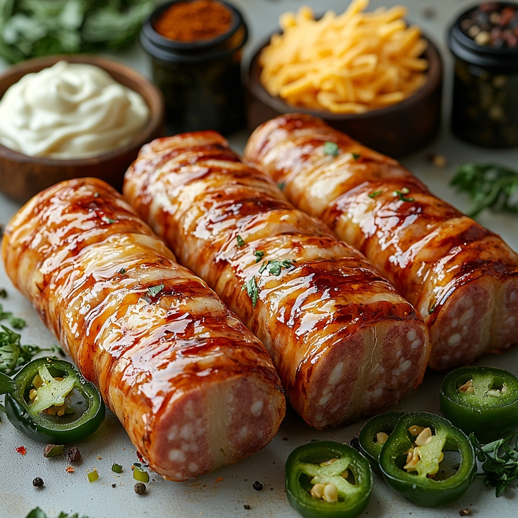 Lil’ Smokies sausages arranged in a neat row showing their glossy, reddish-brown skin; Pillsbury Crescent Rounds dough halves stacked lightly overlapping with soft, pale golden texture; fresh jalapeños cut into quarters displaying vibrant green color and moist, smooth flesh; a small bowl of creamy, smooth softened cream cheese with a white, fluffy appearance; a heap of shredded sharp cheddar cheese in bright orange-yellow tones with fine stringy texture; crumbled cooked bacon pieces scattered in a small rustic bowl showing crispy, reddish-brown edges; a trio of small vintage spice jars containing Slap Ya Mama seasoning, garlic salt, and black pepper with visible coarse textures; all ingredients arranged separately but harmoniously on a clean, matte white surface with soft natural lighting highlighting textures and colors, minimal shadows, a few fresh green jalapeño leaves for garnish, subtle rustic props like a wooden spoon and linen napkin partially visible at edges, overhead shot, top down view, flat lay photography, professional food styling --ar 1:1 --q 2 --s 750 --v 6.1
