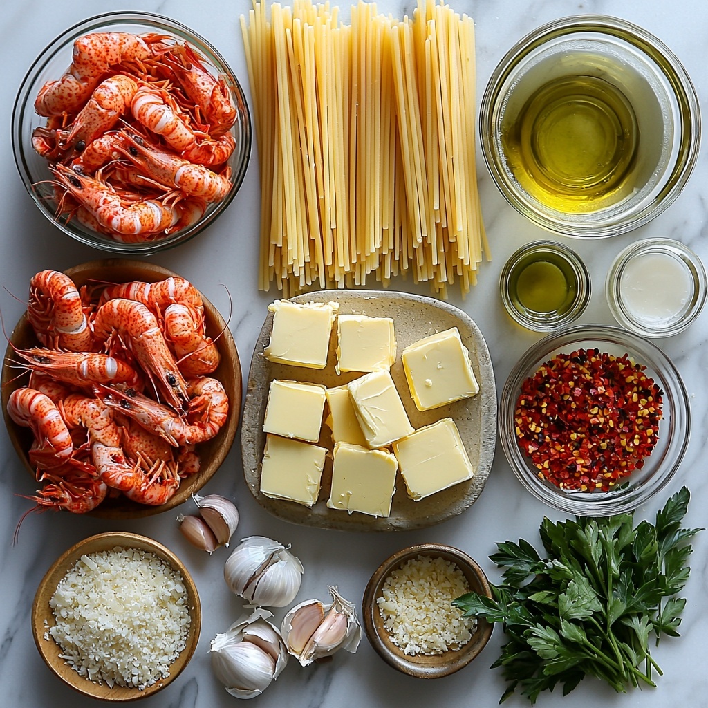 Flat lay photography of main ingredients for Lobster Bucatini arranged neatly on a clean white marble surface: a small heap of golden-yellow uncooked bucatini pasta with its tubular texture visible; bright red chunks of cooked lobster meat with glossy, slightly translucent shells; a small ceramic dish of creamy pale yellow unsalted butter; a glass bowl with rich green olive oil; four peeled cloves of garlic with smooth white skins; a tiny bowl containing vibrant deep red crushed red pepper flakes; a clear glass cup filled halfway with pale straw-colored non-alcoholic white wine; a small glass container holding translucent reserved pasta water; a small bowl of freshly chopped bright green parsley leaves showcasing leafy texture; a rustic plate with delicate off-white Parmesan cheese shavings. The ingredients are spaced evenly with natural soft daylight highlighting the fresh colors and textures, styled with minimal rustic props like a wooden spoon and linen napkin nearby for contrast, clean and crisp aesthetic, subtle shadows adding depth, overhead shot, top down view, flat lay photography, professional food styling --ar 1:1 --q 2 --s 750 --v 6.1