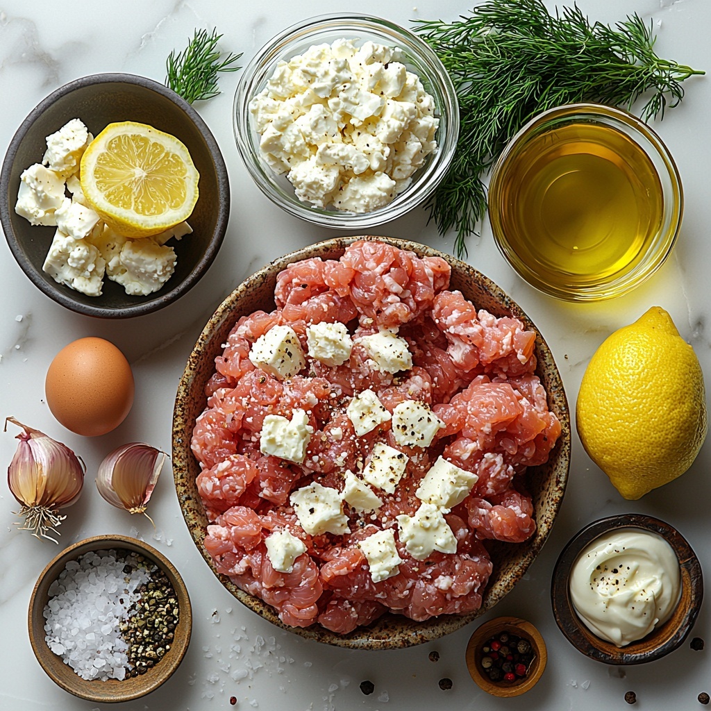 Golden Mediterranean Chicken Patties ingredients arranged on a clean white marble surface: raw ground chicken in a small rustic bowl showing its moist, pink texture; crumbled white feta cheese scattered loosely beside it; a small glass bowl of golden breadcrumbs with a slightly coarse texture; a whole small onion next to a fine heap of grated pale onion; two garlic cloves alongside a small pile of minced garlic with creamy white tones; fresh parsley and dill sprigs with vibrant green leaves placed artfully; a bright yellow lemon with visible zest curls arranged nearby; a clear bowl containing a lightly beaten egg with its smooth, glossy yellow and white mix; small piles of coarse salt and cracked black pepper; a small, elegant glass jug with rich, golden olive oil; optional accents of fresh lemon wedges, sprigs of herbs, and a small bowl of creamy white Greek yogurt or tzatziki placed in the composition for freshness and color contrast. The items are thoughtfully spaced with natural light highlighting the varied textures and colors, subtle shadows adding depth, styled for inviting and fresh Mediterranean vibes. overhead shot, top down view, flat lay photography, professional food styling --ar 1:1 --q 2 --s 750 --v 6.1