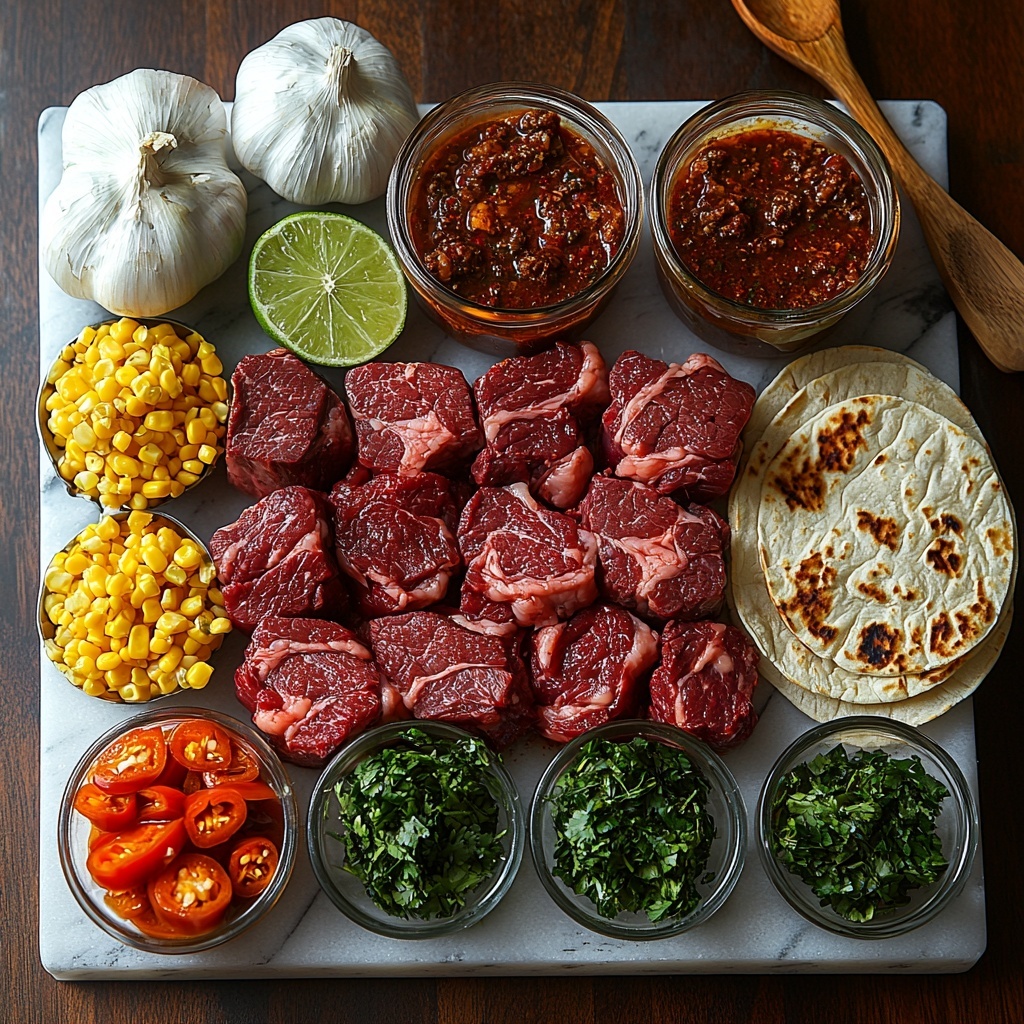 detailed flat lay of ingredients for birria tacos arranged neatly on a clean white textured surface: 2 lbs raw beef chuck roast with rich marbling, 1 lb beef shank bone-in with deep red color, 4 dried guajillo chiles with wrinkled dark red skin, 2 dried ancho chiles with dark brown, slightly glossy texture, a small glass bowl of chopped white onion, 4 cloves garlic peeled and whole, rustic small bowls of ground cumin and dried oregano in soft brown and muted green tones, a clear glass measuring cup filled with rich dark beef broth, a neat stack of golden corn tortillas with slightly charred edges, a small pile of fresh bright green chopped cilantro leaves, and a few fresh lime wedges with vibrant green skin and juicy pulp exposed. All ingredients spaced evenly with natural soft daylight highlighting various textures from smooth broth and shiny chiles to rough meat fibers and fresh herbs. Minimal shadows, subtle rustic linen napkin on one side, warm wooden spoon nearby for styling, wooden cutting board underneath some ingredients for layering depth. Clean, airy, warm color palette emphasizing earthy reds, greens, and browns. overhead shot, top down view, flat lay photography, professional food styling --ar 1:1 --q 2 --s 750 --v 6.1