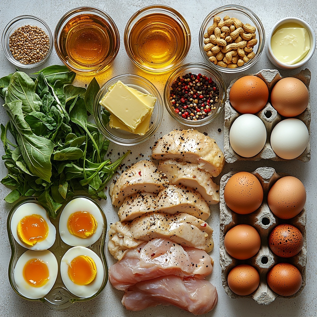 A clean white surface with these main ingredients arranged neatly for a flat lay: small glass bowls of golden olive oil and creamy pale yellow butter; a cluster of sliced baby bella mushrooms showing rich brown caps and creamy gills; a raw, plump chicken breast with pale pink flesh; a small heap of coarse sea salt and freshly ground black pepper; a clear glass of pale yellow dry white wine; a butter pat beside minced garlic cloves with their papery skins partially peeled; a large measuring cup filled with light golden chicken broth; a small bowl of dark brown low sodium soy sauce; a tiny dish of bright red hot sauce; a drizzle of golden honey beside a small glass of dark toasted sesame seed oil; two sealed packets of dry instant ramen noodles with pale yellow strands visible through transparent plastic; loosely scattered bright green roughly chopped bok choy leaves showing fresh leafy texture; small white dishes holding onion powder, mustard powder, ground ginger, white pepper, and red pepper flakes for seasoning, each as fine powders of muted beige, yellow, and red tones; freshly sliced green onions with vivid green stalks; a small pile of honey roasted peanuts with glossy caramel coloring; and perfectly halved soft boiled eggs displaying creamy yolks surrounded by smooth white. The ingredients are arranged organically but thoughtfully spaced for visual harmony, with natural light casting gentle shadows that enhance textures and colors. Clean lines, minimal props, and subtle rustic accents like a wooden spoon and linen napkin add warmth and balance. The overall vibe is fresh, inviting, and carefully styled to showcase the diversity of colors and textures involved in homemade ramen preparation. overhead shot, top down view, flat lay photography, professional food styling --ar 1:1 --q 2 --s 750 --v 6.1