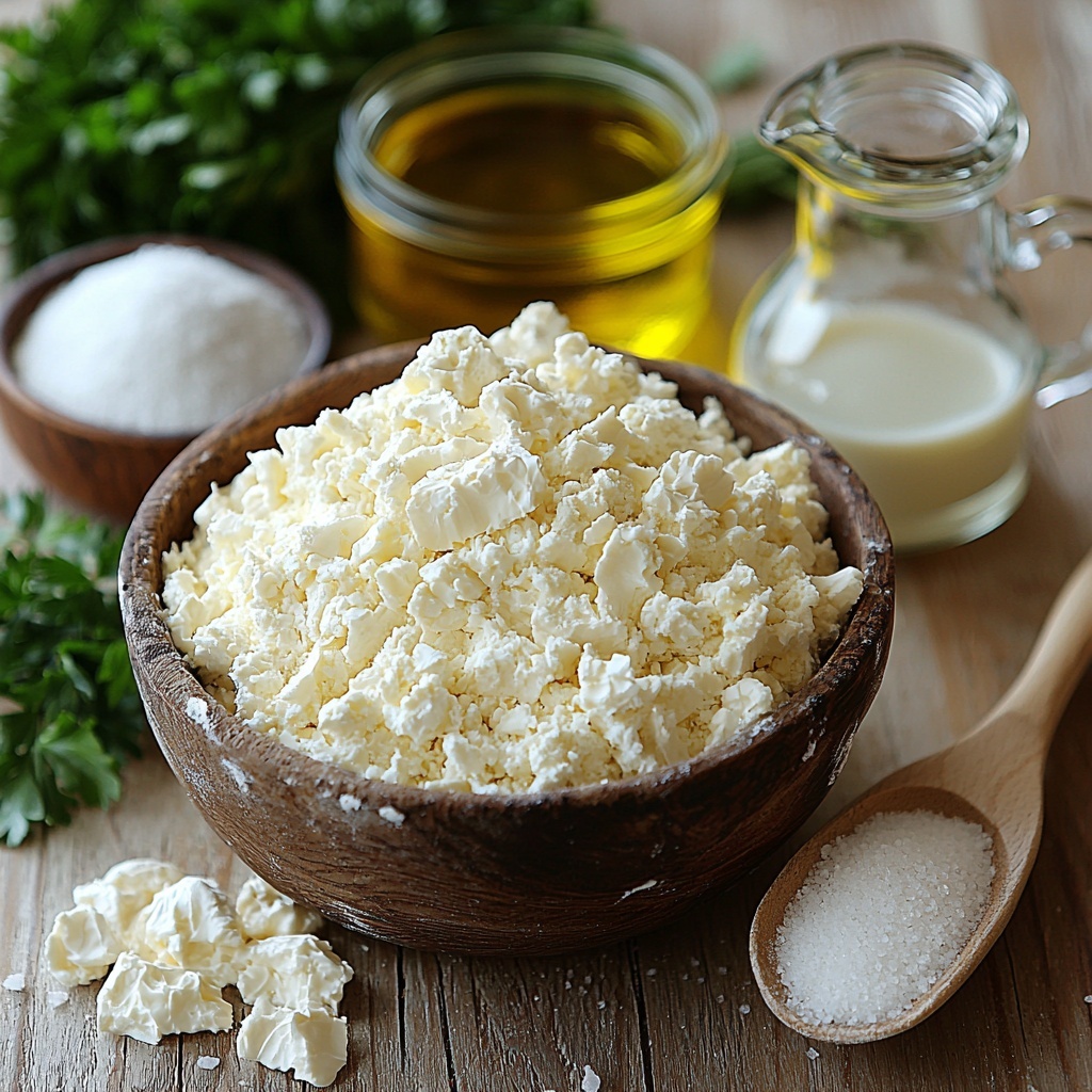 Flour in a rustic ceramic bowl with soft white powder texture, a small glass jar of golden olive oil, a wooden spoon resting with creamy garlic butter, a small mound of fine white salt, a heap of sparkling white sugar crystals, a bowl of lukewarm milky liquid showing slight steam, fresh green chopped parsley scattered artfully on the clean light wood surface, a heap of fine beige yeast granules in a tiny glass dish, a clear glass measuring cup filled with water showing droplets on the outside, arranged neatly in a balanced, harmonious composition on a pale, natural wood background with soft natural lighting highlighting textures and colors, subtle shadows for depth, minimalistic and airy styling, overhead shot, top down view, flat lay photography, professional food styling --ar 1:1 --q 2 --s 750 --v 6.1