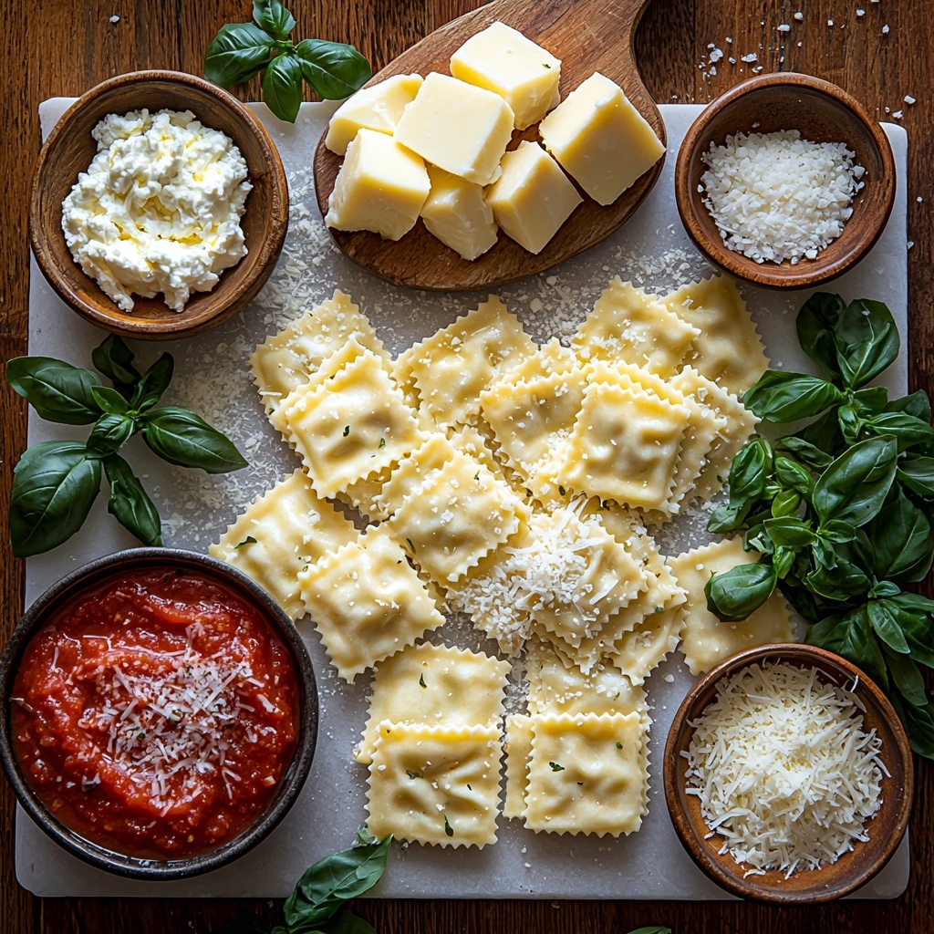 fresh or frozen ravioli (pillowy, golden and tender), marinara sauce (rich red, smooth with visible tomato chunks), whole milk ricotta cheese (creamy white dollops), shredded part-skim mozzarella cheese (soft, fluffy white strands), grated Parmesan cheese (fine pale yellow grains), fresh basil and parsley (vibrant green chopped leaves), salt and pepper (small rustic piles) all artistically arranged on a clean white marble surface. Ingredients spaced evenly with contrasting colors and textures to highlight freshness: ravioli fanned in a semi-circle, marinara sauce in a small rustic bowl with a wooden spoon, dollops of ricotta on a slate serving board, mozzarella loosely piled nearby, Parmesan in a small vintage dish, herbs scattered delicately around for freshness and pops of green. Soft natural light from one side casting gentle shadows, subtle depth of field to keep all items sharp. Clean, minimalist styling with emphasis on vivid colors and inviting textures, no clutter, perfect balance of rustic and elegant. overhead shot, top down view, flat lay photography, professional food styling --ar 1:1 --q 2 --s 750 --v 6.1
