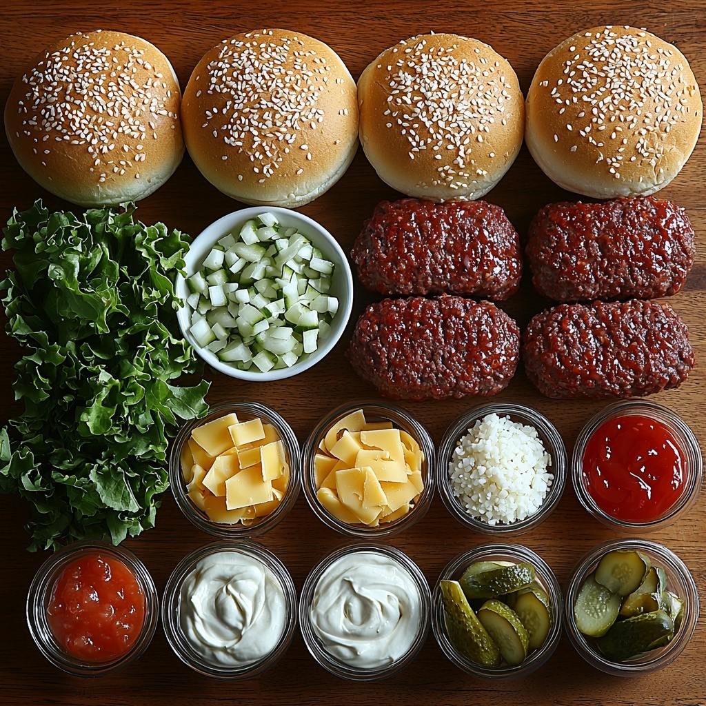 Midjourney prompt:
A beautifully styled flat lay of all the main ingredients for a classic Big Mac arranged neatly on a clean, light wooden surface. Six golden sesame seed buns are halved and displayed in a semi-circle at the top, showing their fluffy texture. Below them, a pound of raw ground beef is artistically portioned into neat patties with visible marbling. Four slices of smooth, bright yellow American cheese are stacked slightly overlapping, showcasing their creamy texture. Next to the cheese, a small white bowl holds a creamy, pale orange special sauce, with visible flecks of relish and seasoning. Finely diced white onions are sprinkled lightly on a small white dish, contrasting with a mound of shredded, crisp bright green lettuce. Eight glossy, dark green dill pickle slices are fanned out on a small plate. Nearby, small bowls contain Miracle Whip, mayonnaise, and French dressing — creamy and colorful in white and soft orange hues. Tiny glass containers hold sweet relish, dill pickle relish with textured chunks, sugar crystals, dried minced onion flakes, white vinegar in clear liquid form, smooth ketchup, and a pinch of salt in a small white ramekin. Salt and pepper shakers stand subtly in the background. The overall composition balances colors – greens, yellows, creamy whites, and warm browns – with contrasting textures from soft buns to crunchy pickles and smooth sauces. Soft natural daylight enhances the freshness and vibrancy of each ingredient, with gentle shadows creating depth. The styling is clean, minimalistic, and inviting, emphasizing the quality of each component for an iconic burger build. Overhead shot, top down view, flat lay photography, professional food styling --ar 1:1 --q 2 --s 750 --v 6.1