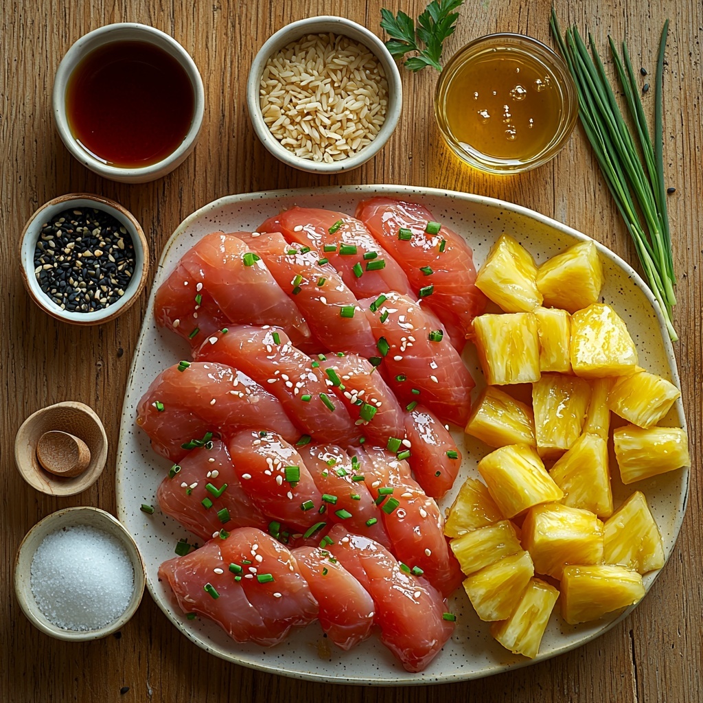 A clean, light wooden surface with a neatly arranged flat lay of ingredients for pineapple chicken and rice: raw chicken breasts with a smooth pale pink texture on a small white ceramic plate; a small glass bowl of golden olive or sesame oil reflecting light; two whole garlic cloves alongside a small heap of minced garlic showcasing fine delicate texture; a clear glass bowl filled halfway with dark amber soy sauce; a small transparent bowl containing bright yellow pineapple juice shimmering softly; a rustic wooden spoon holding glossy, sticky honey with a small mound of brown sugar beside it; a tiny white dish with slightly cloudy rice vinegar; a small white ramekin with fine white cornstarch powder next to a clear shot glass with water droplets on its surface; a bowl of fluffy cooked jasmine rice with individual grains visible; a small bowl filled with vibrant juicy yellow pineapple chunks; diced red bell pepper pieces with glossy, crisp edges scattered slightly; a handful of finely chopped bright green onions spread out with a few chive sprigs nearby; a small dish of black and white sesame seeds scattered gently; and a pinch of crushed red pepper flakes adding a pop of deep red color. Natural daylight filters softly from the side casting gentle shadows, the composition balanced with a mix of rustic ceramic and glass bowls, fresh vibrant colors and contrasting textures inviting and appetizing. overhead shot, top down view, flat lay photography, professional food styling --ar 1:1 --q 2 --s 750 --v 6.1